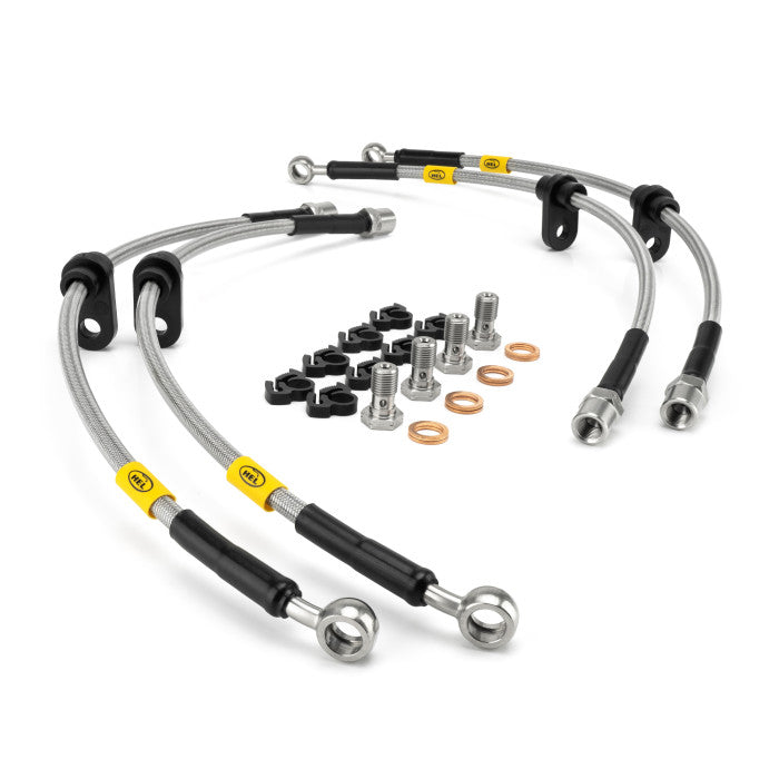Set of brake lines and hardware on a white background