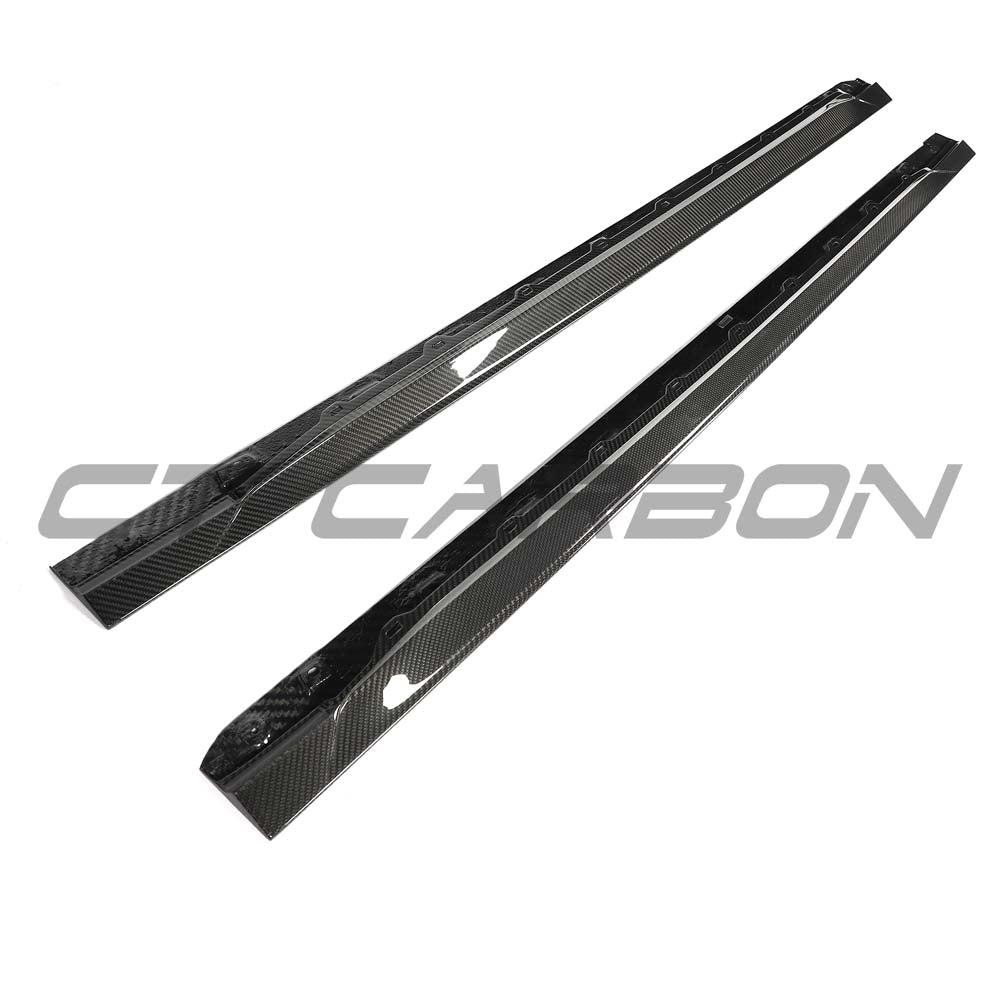Audi RS3 8Y 2022+ CT Design V2 carbon fibre side skirts installed on vehicle, showcasing sleek aerodynamic enhancements.