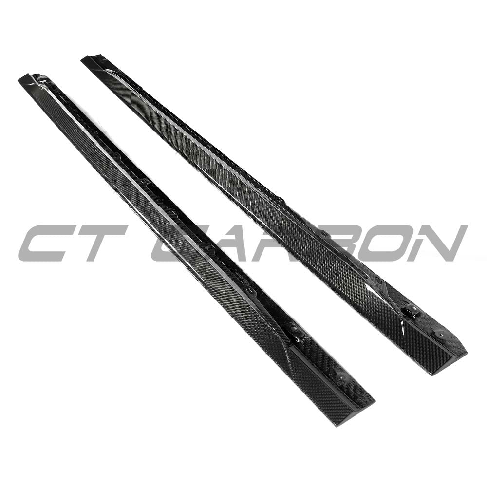 Audi RS3 8Y 2022+ CT Carbon V2 side skirts in carbon fibre, designed for sporty enhancement and aerodynamic style.