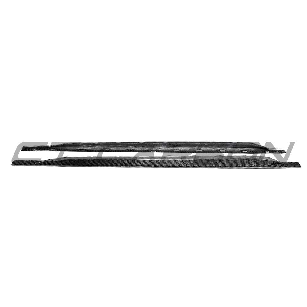 Audi RS3 8Y 2022+ carbon fibre side skirts by CT Carbon, showing sleek, aerodynamic design with textured carbon fiber finish.