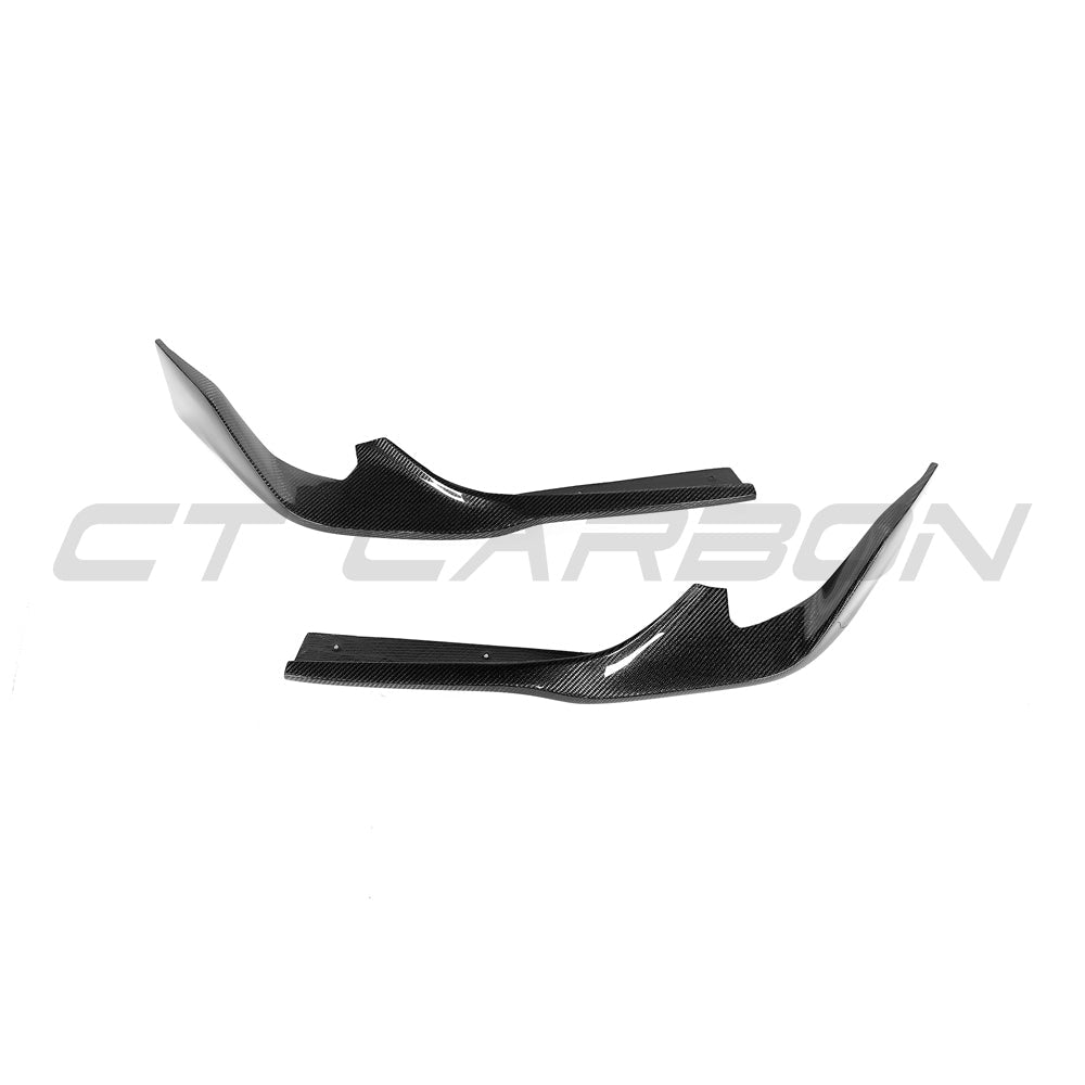 Carbon fiber splitter for Toyota Supra 2019+ A90 by CT Carbon, shown attached to the front of the car in a close-up view.