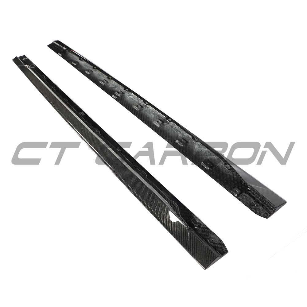 Audi RS3 8Y 2022+ carbon fibre side skirts by CT Carbon, featuring sleek, aerodynamic design and detailed finish.