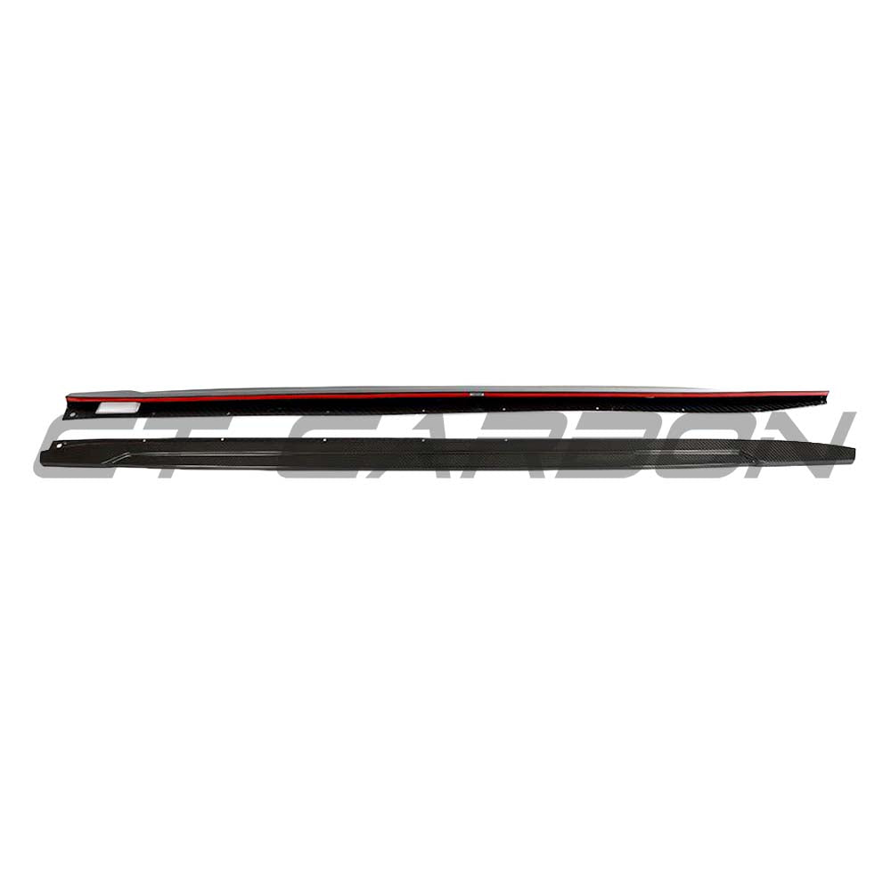 BMW X3/X3M/IX3 LCI 2021+ dry carbon fiber side skirts by CT Carbon, showing sleek, aerodynamic design on vehicle side profile.