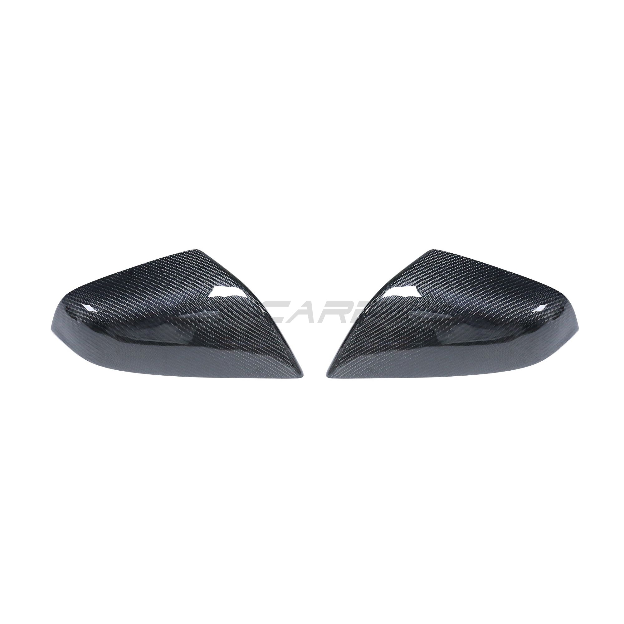 Tesla Model S 2013-2020 carbon fiber mirror covers by CT Carbon, showing sleek, textured carbon fiber surface on side mirrors.
