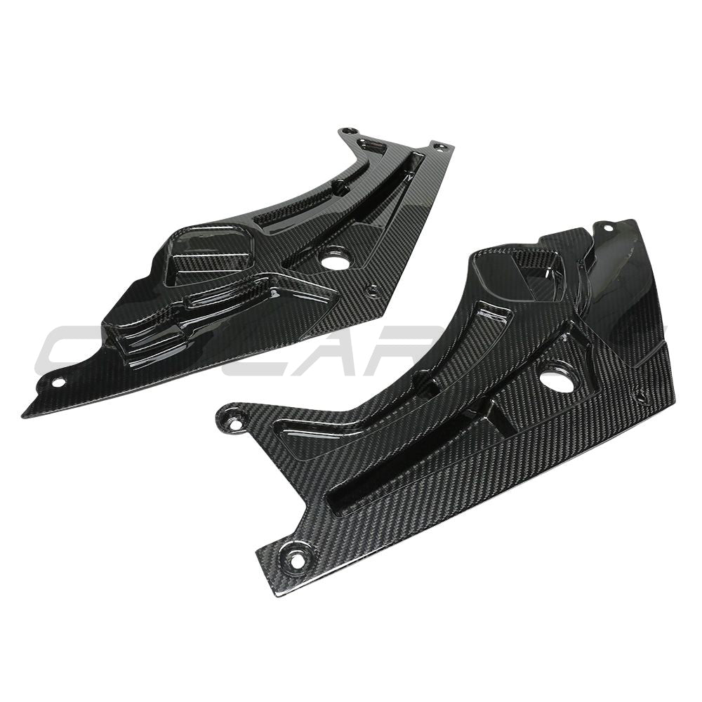 BMW M3 and M4 G80, G81, G82, G83 carbon fiber headlight cover by CT Carbon, showing sleek black carbon fiber surface and precise fit.