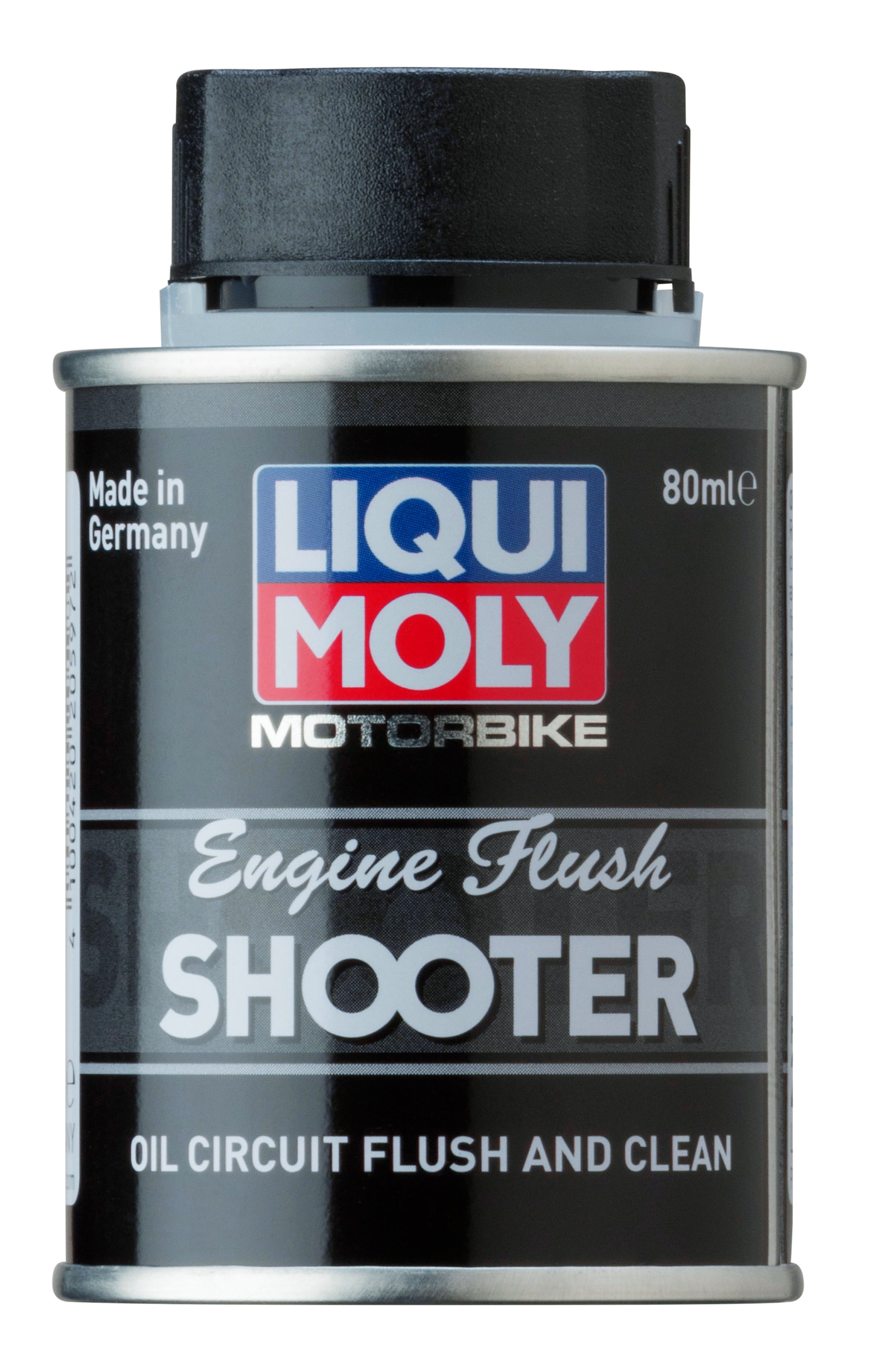 Liqui Moly Motorbike Engine Flush Shooter 80ml bottle, motorcycle engine maintenance product with orange cap and label.