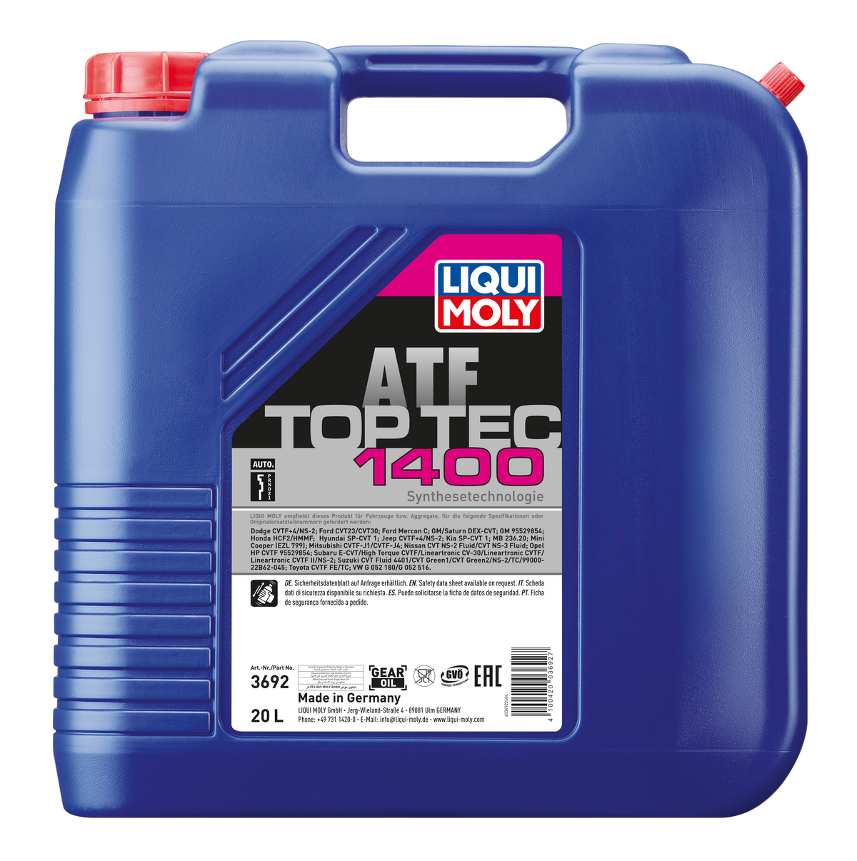Liqui Moly Top Tec ATF 1400 gearbox fluid bottle with label, designed for automatic transmissions, on a plain background.