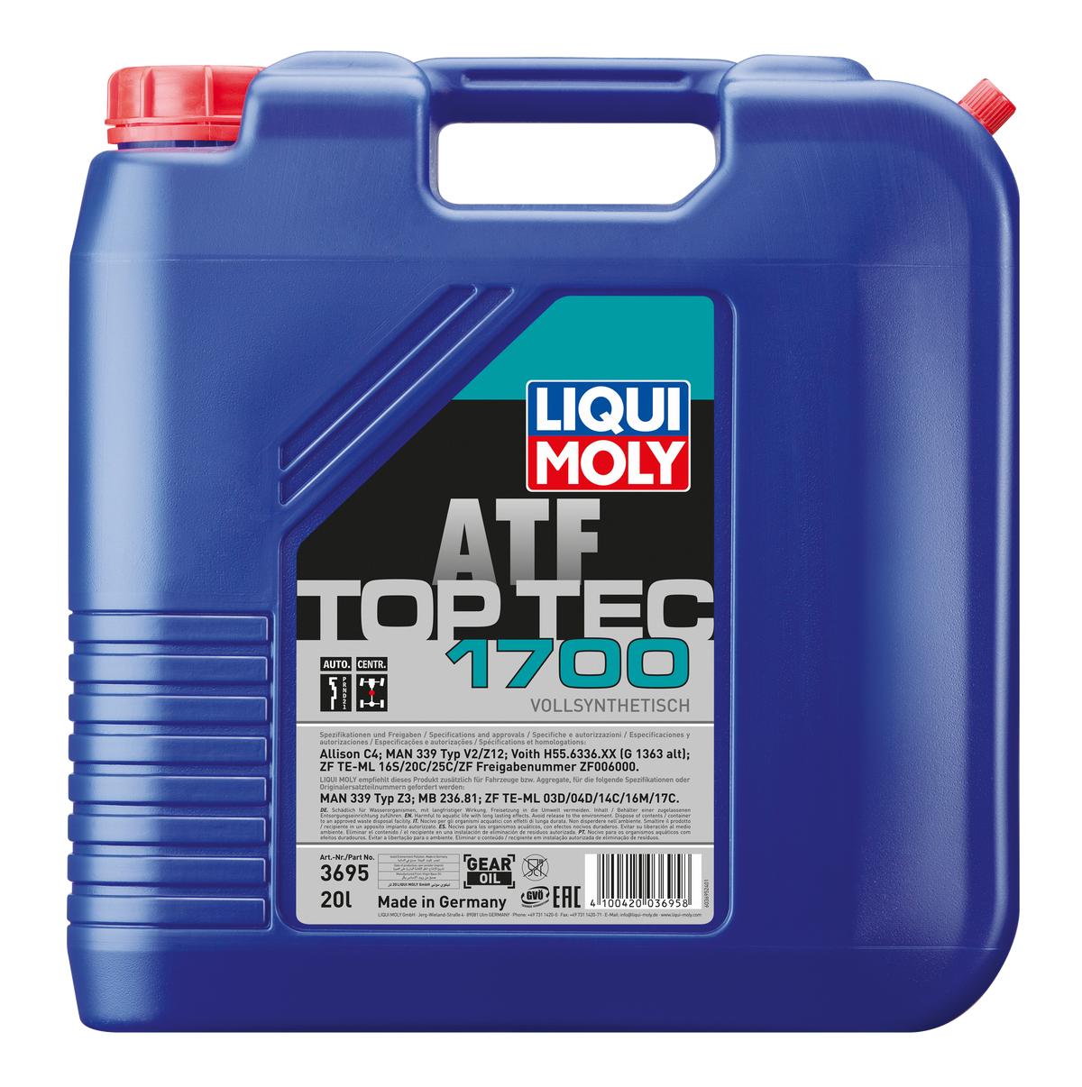 Liqui Moly Top Tec ATF 1700 gearbox fluid bottle, automotive transmission fluid container with red and white label on a white background