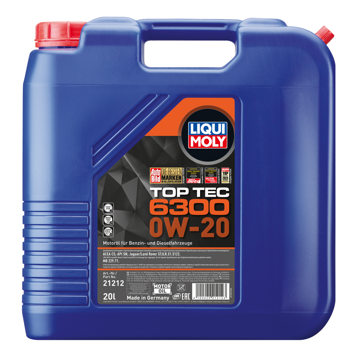 Liqui Moly Top Tec 6300 0W-20 engine oil container with label and cap, designed for automotive engine lubrication.