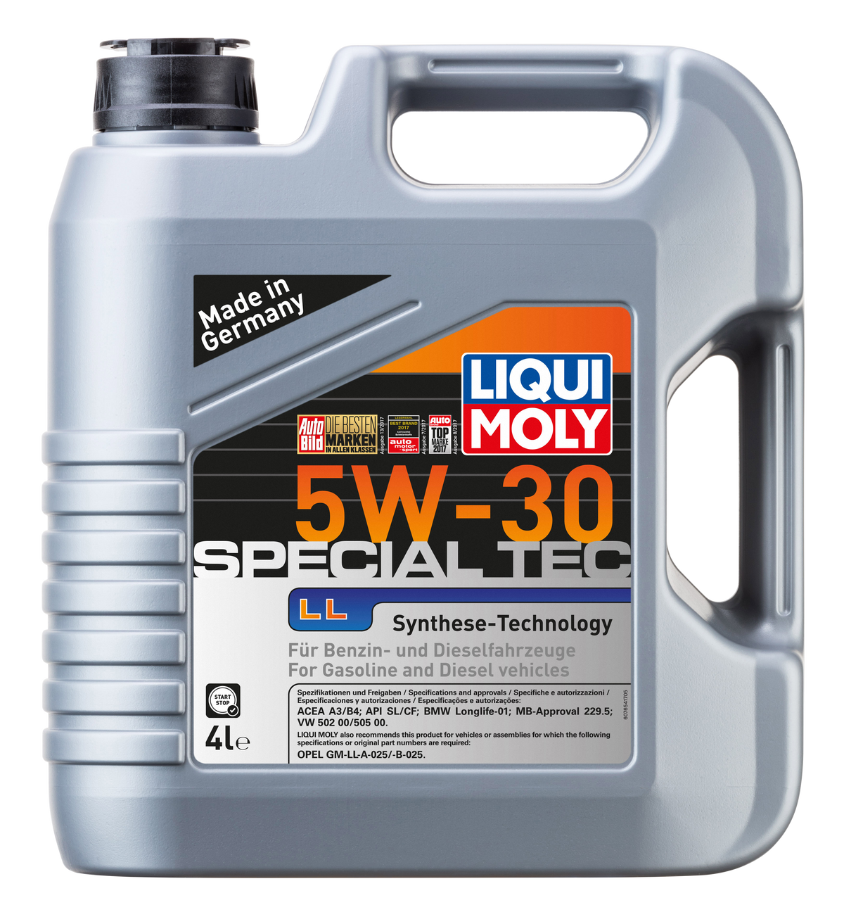 Liqui Moly Special Tec LL 5W-30 engine oil container with label showing product details and branding.