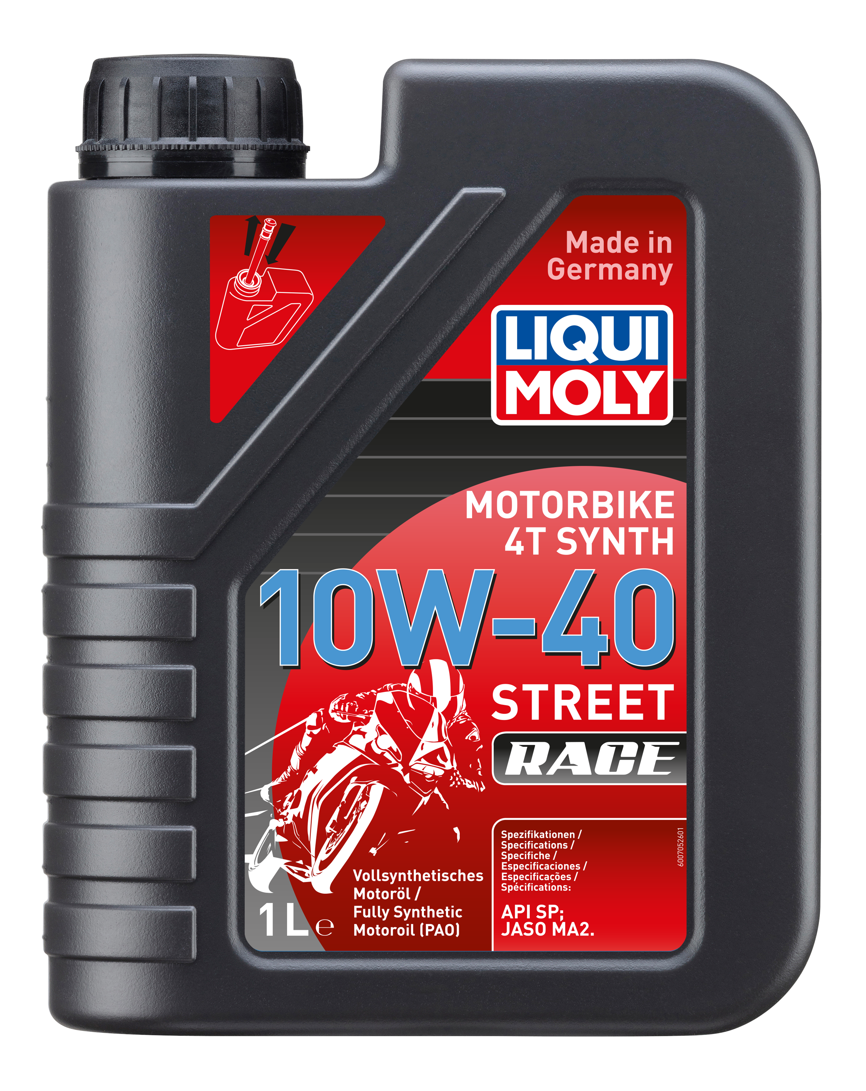 Liqui Moly Motorbike 4T Synth 10W-40 Street Race motorcycle engine oil bottle with label and cap.