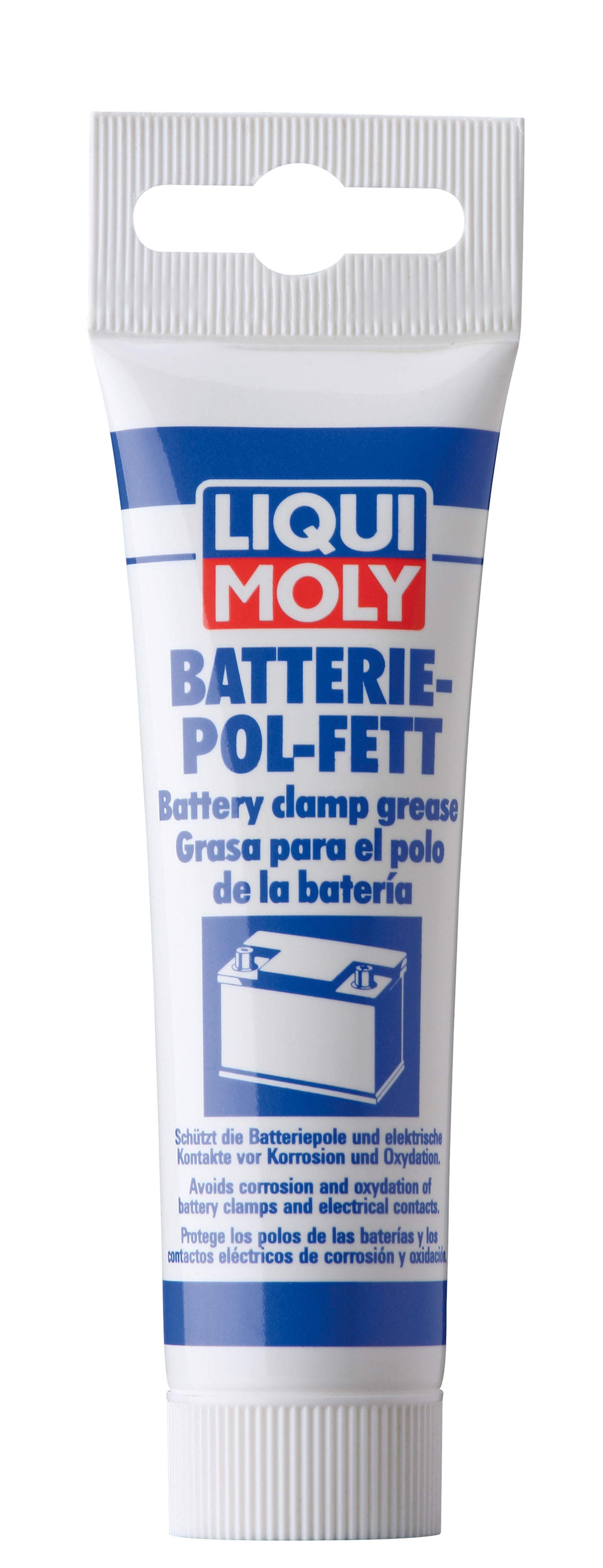 Liqui Moly Battery Clamp Grease container with product label, used for lubricating car battery clamps and terminals.