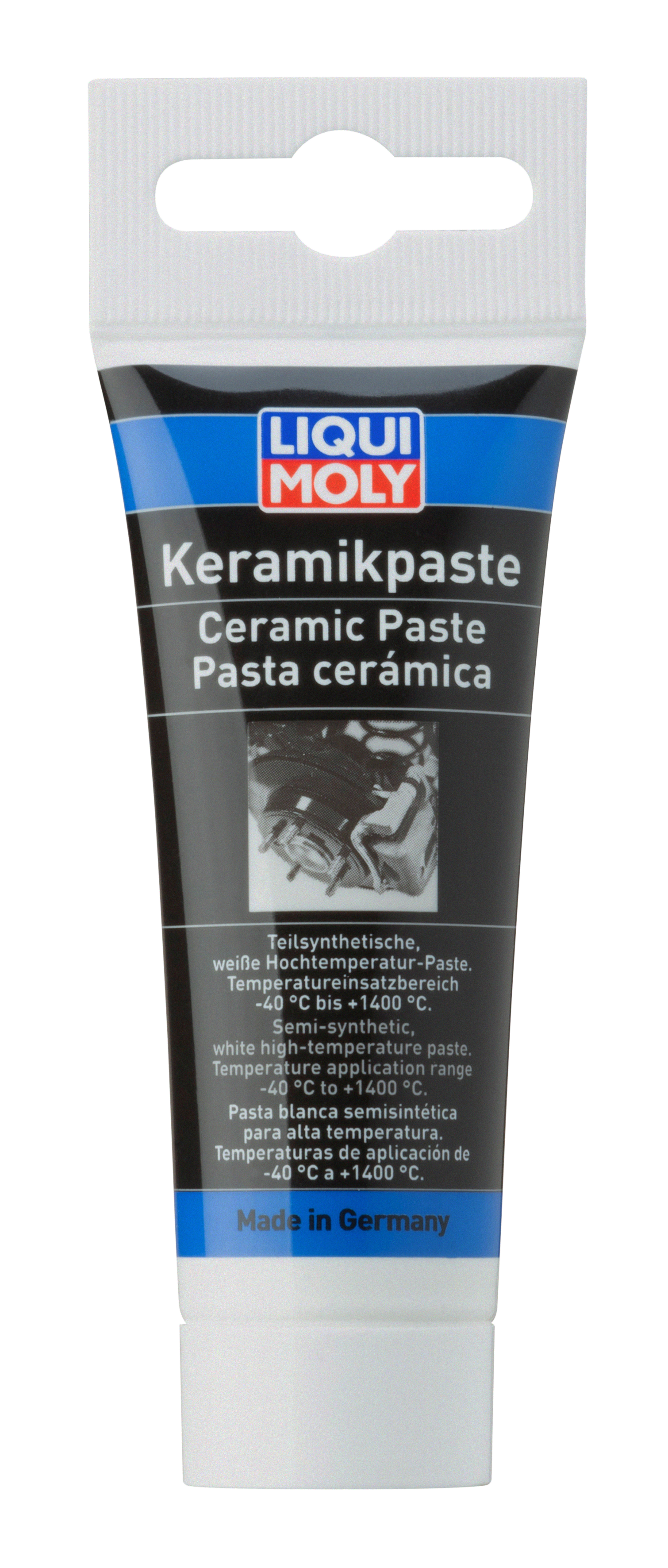Liqui Moly Ceramic Paste grease and lubricant in a tube with white and blue packaging, designed for high-performance applications.