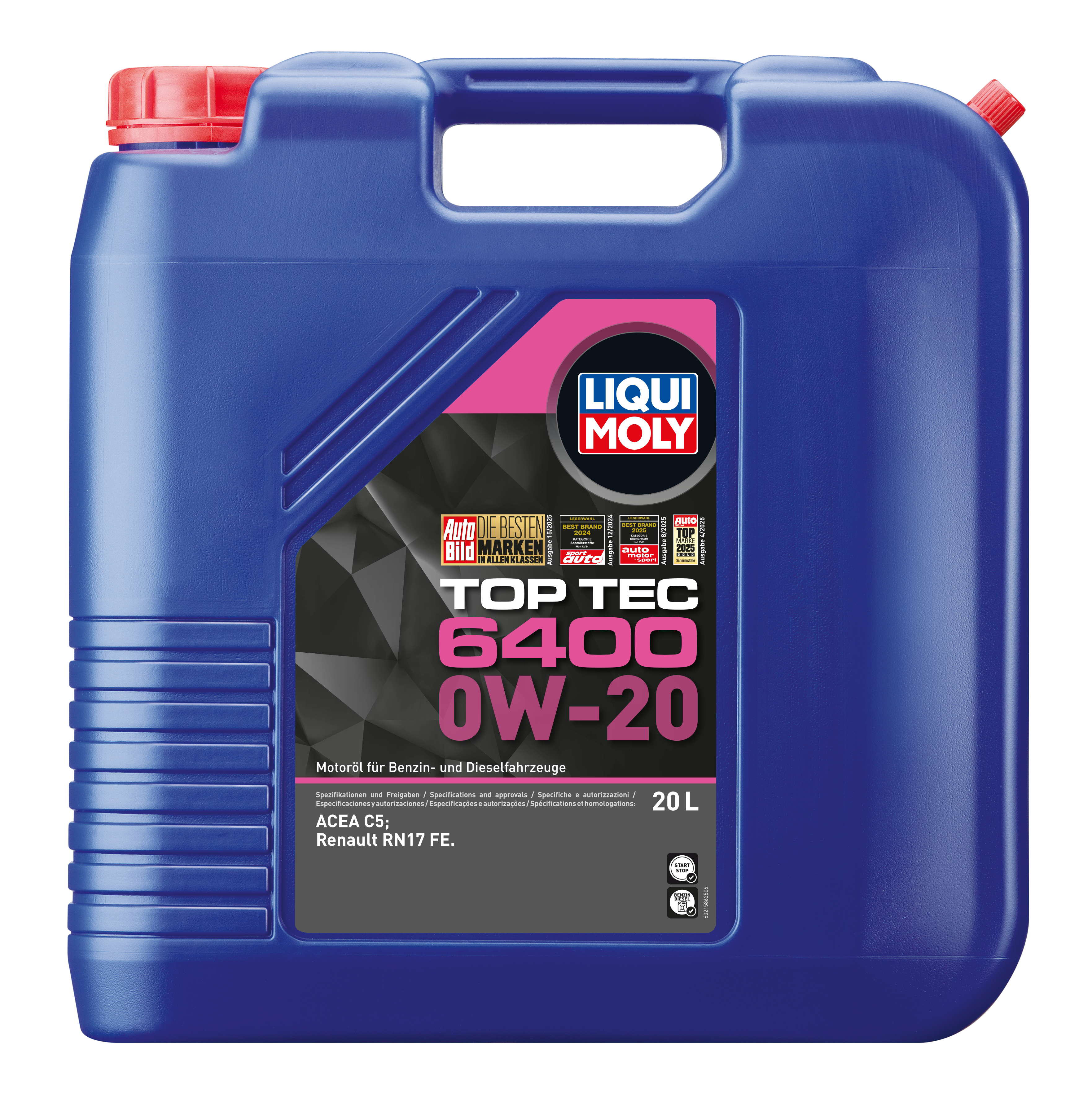 Liqui Moly Top Tec 6400 0W-20 engine oil bottle with label, showcasing the product designed for vehicle engine lubrication.