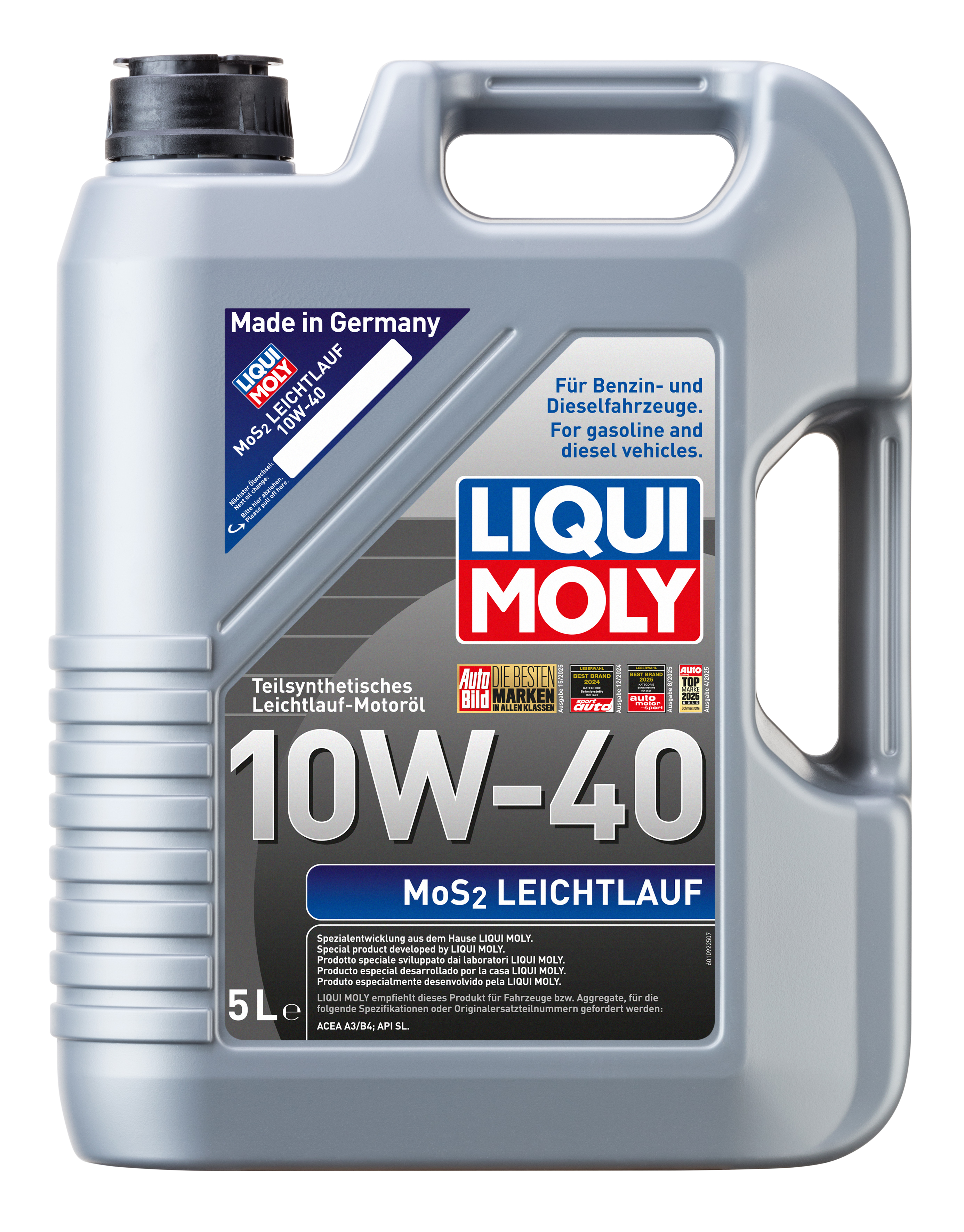 Liqui Moly MoS2 10W-40 engine oil container with label showing product name and brand for smooth running engine lubrication