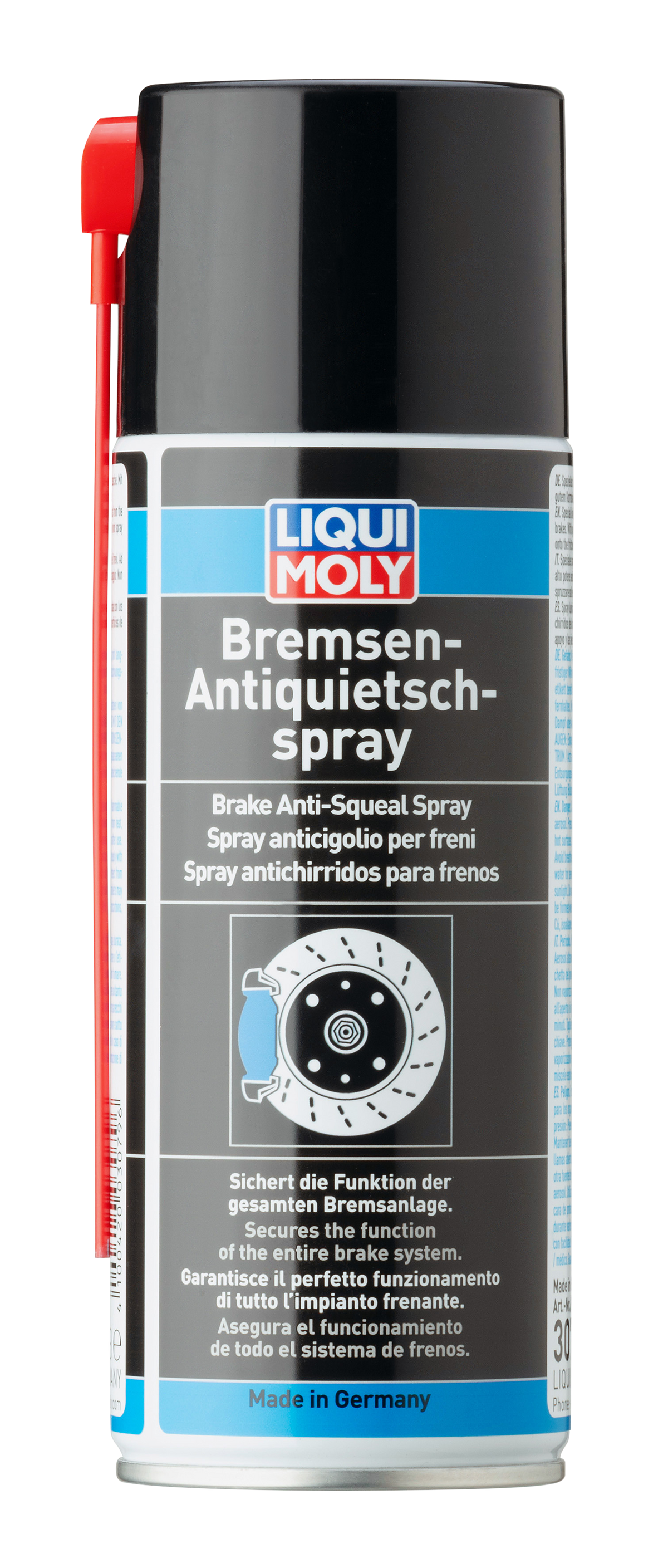 Liqui Moly Brake Anti-Squeal Paste applied to brake components for noise reduction, in a tube labeled Liqui Moly grease and lubricants.