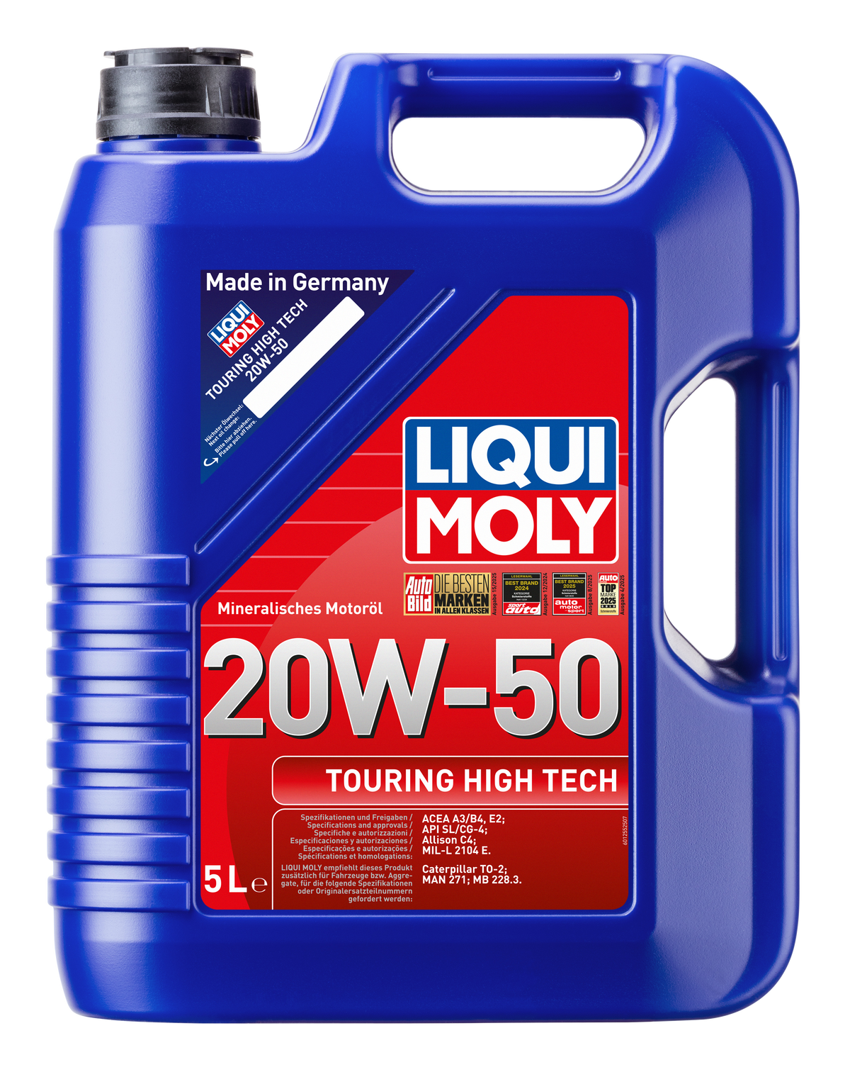 Liqui Moly Touring High Tech 20W-50 engine oil container with label, designed for automotive engine lubrication.