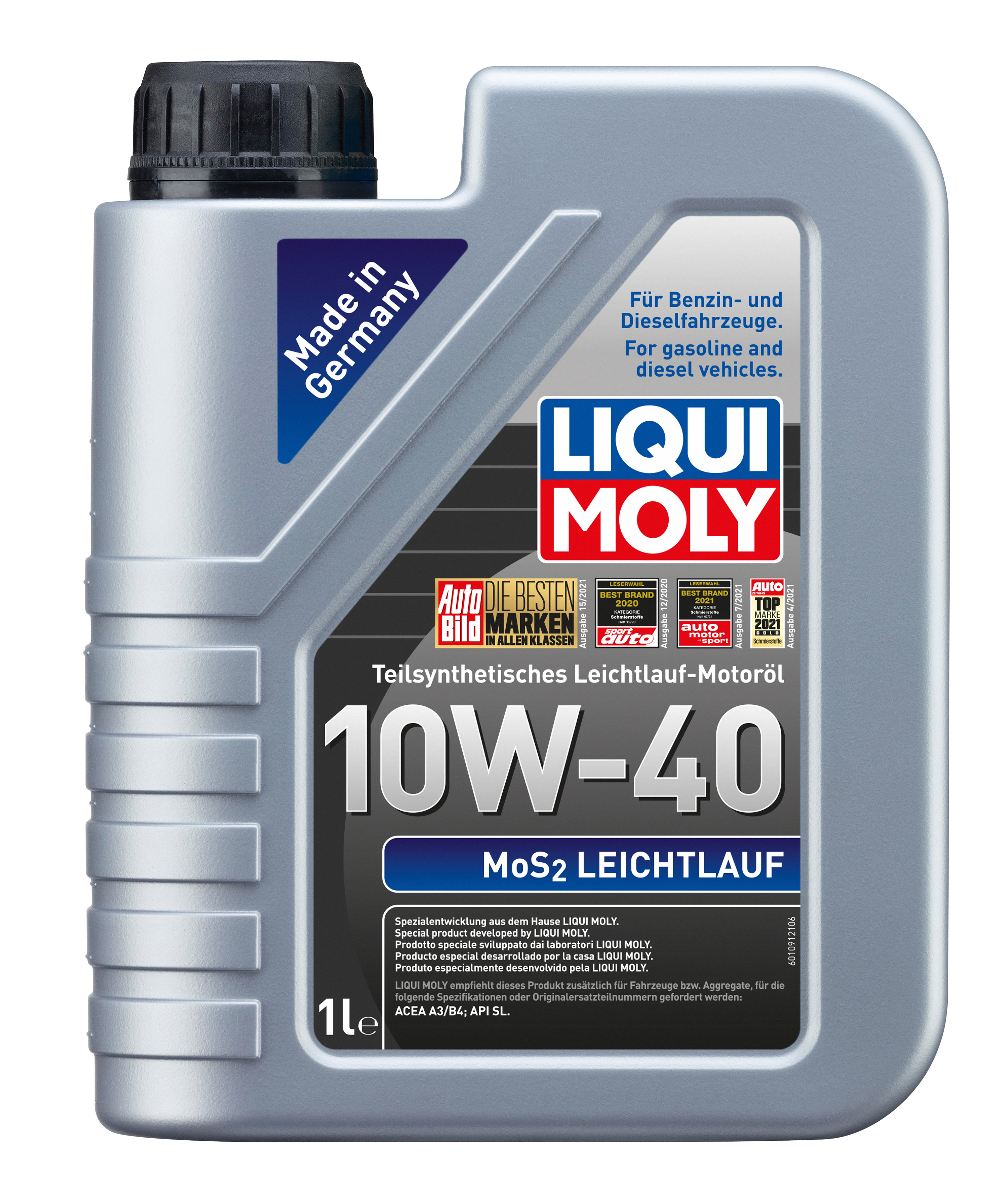 Liqui Moly MoS2 10W-40 engine oil bottle, smooth running engine oil for car engines with MoS2 additive, automotive lubricant
