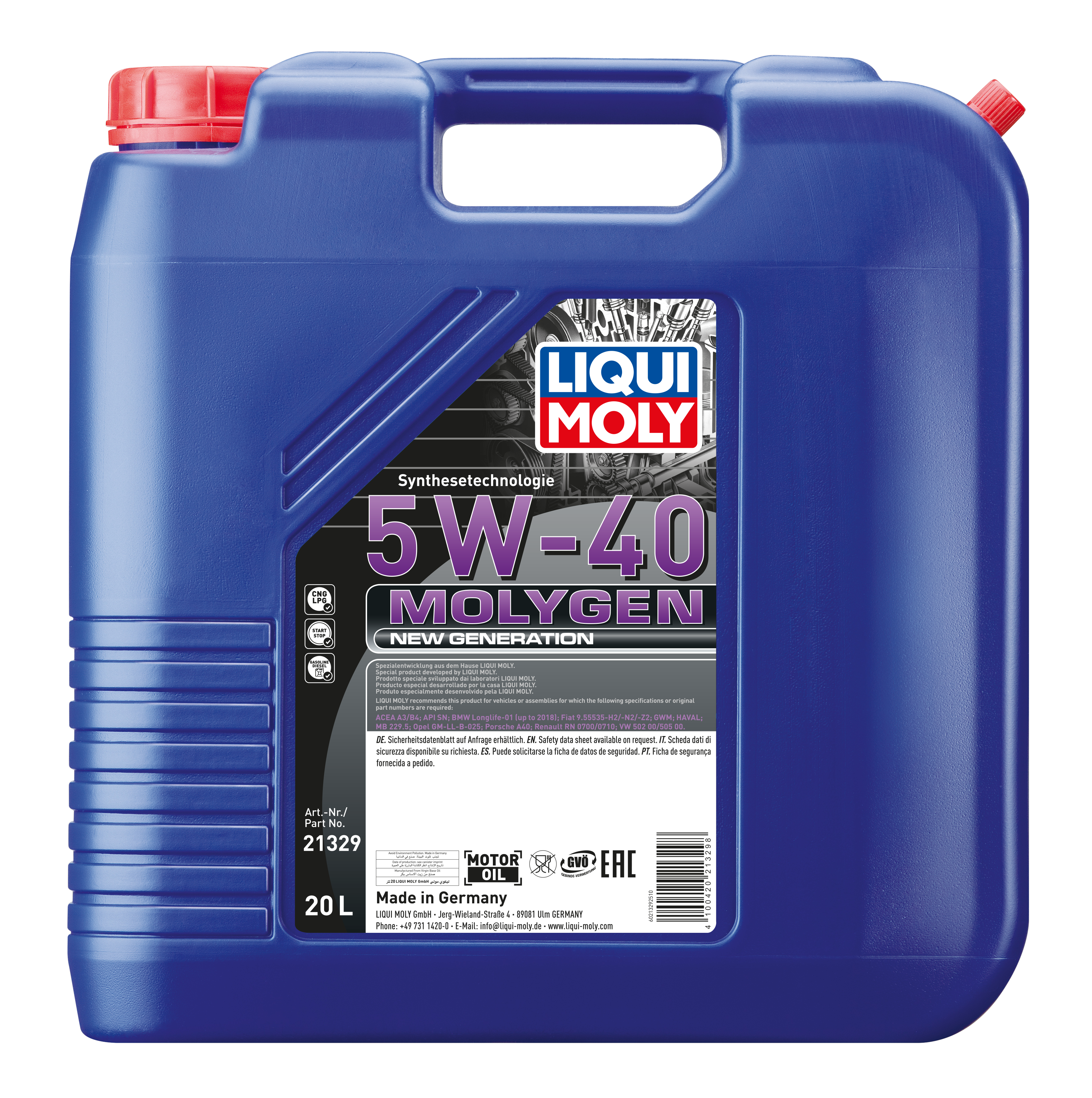 Liqui Moly Molygen New Generation 5W-40 engine oil container, clean label with product details, for automotive engine lubrication.