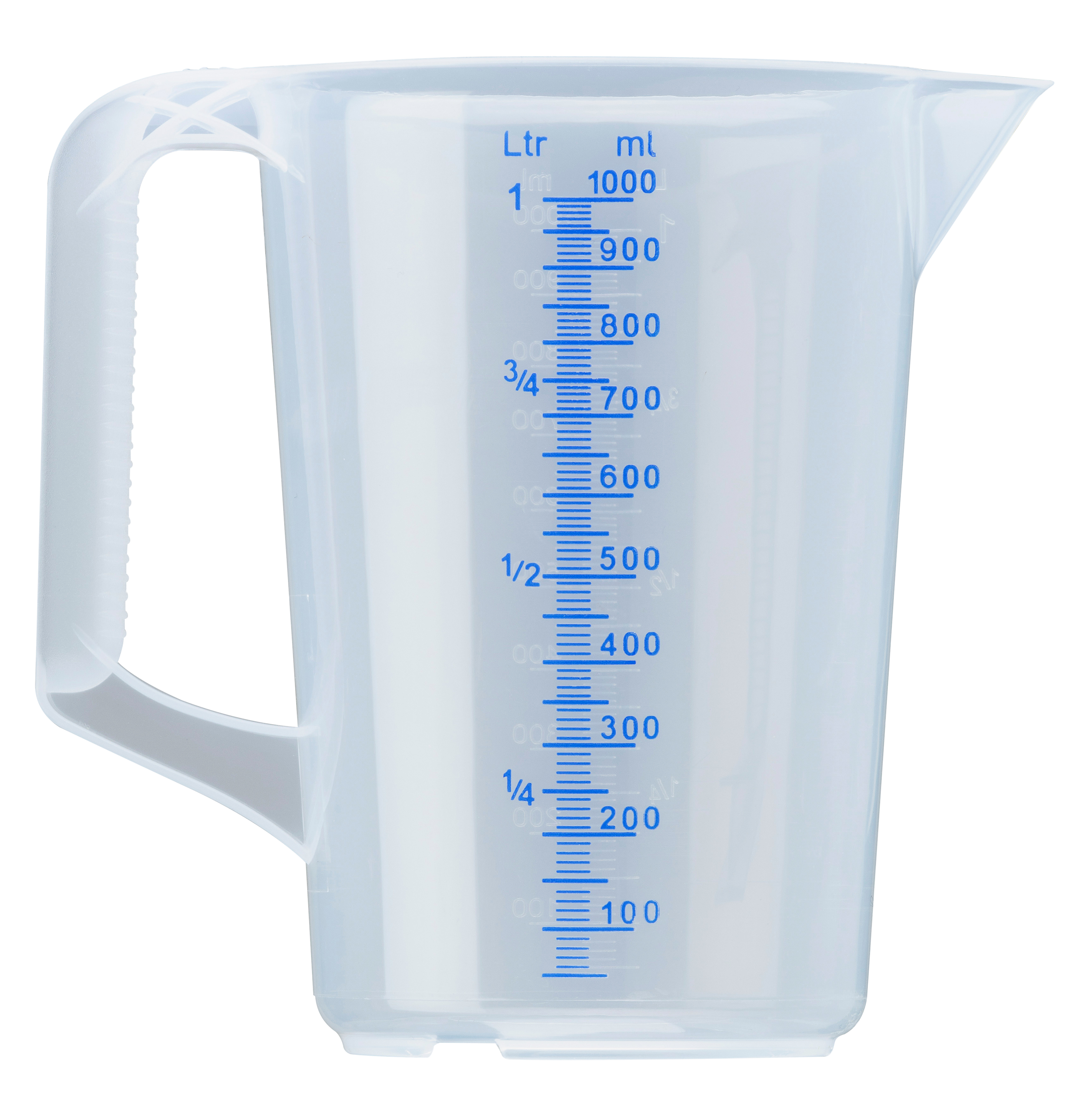 Transparent Liqui Moly measuring cup for workshop tools, showing clear measurement markings and a sturdy handle for precise pouring.