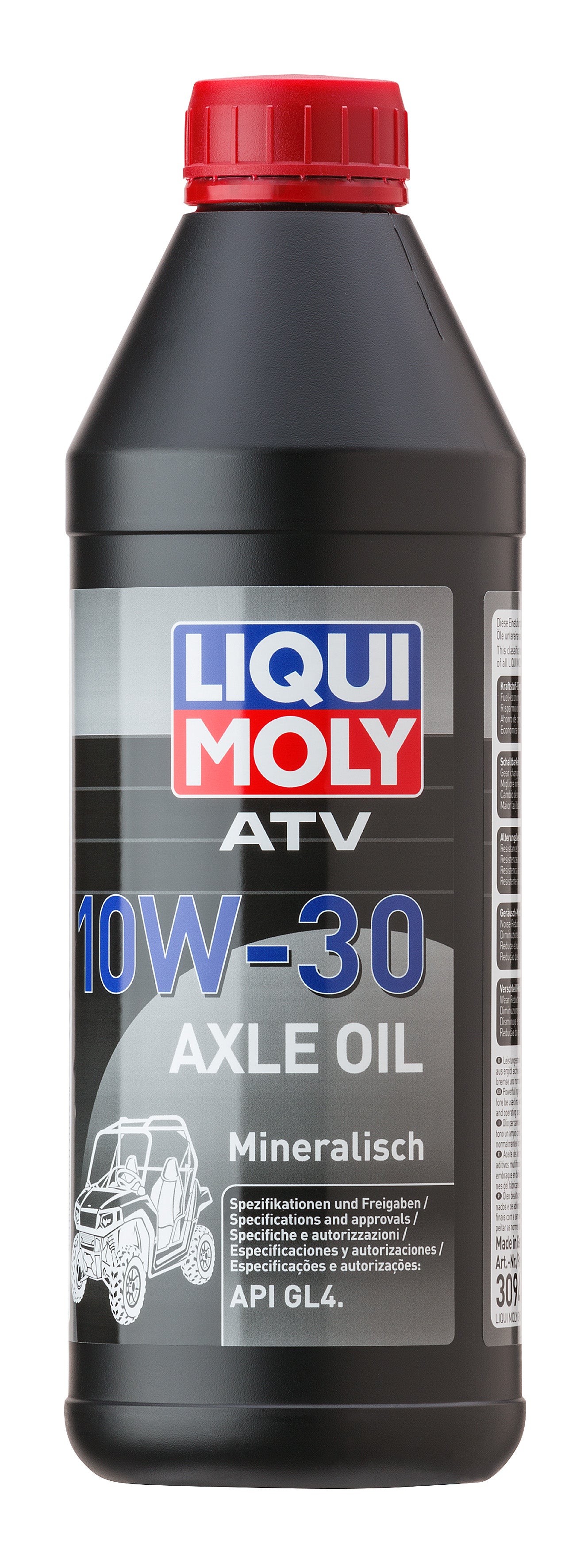 Liqui Moly ATV axle oil 10W-30 in 1-liter bottle, suitable for motorcycle axles, with product label visible.