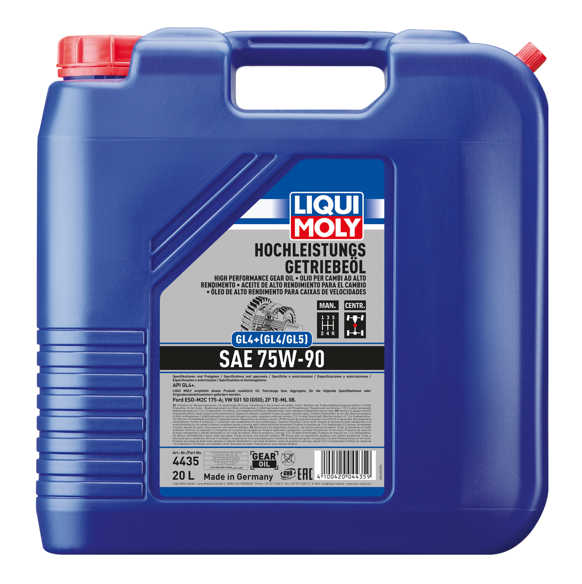 Liqui Moly High Performance Gear Oil GL4+ SAE 75W-90 bottle for gearbox lubrication, with product label visible.