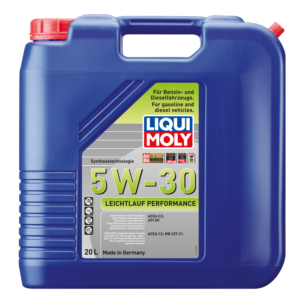 Liqui Moly Smooth Running Performance Engine Oil 5W-30 bottle, showcasing the product container with brand label and safety cap.
