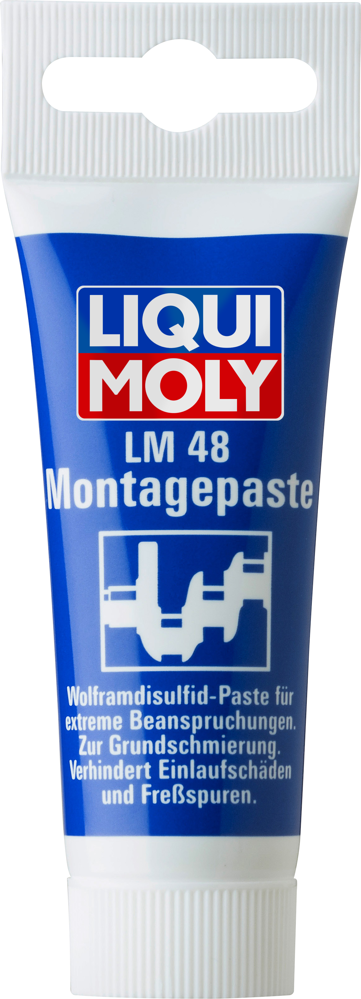 Liqui Moly LM 48 installation paste in a tube, suitable for grease and lubricants applications, with a white and blue design.