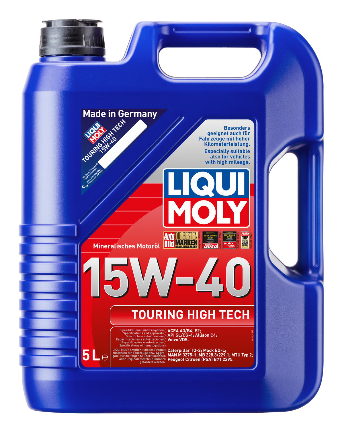 Liqui Moly Touring High Tech 15W-40 engine oil bottle with label showing product details and brand logo.