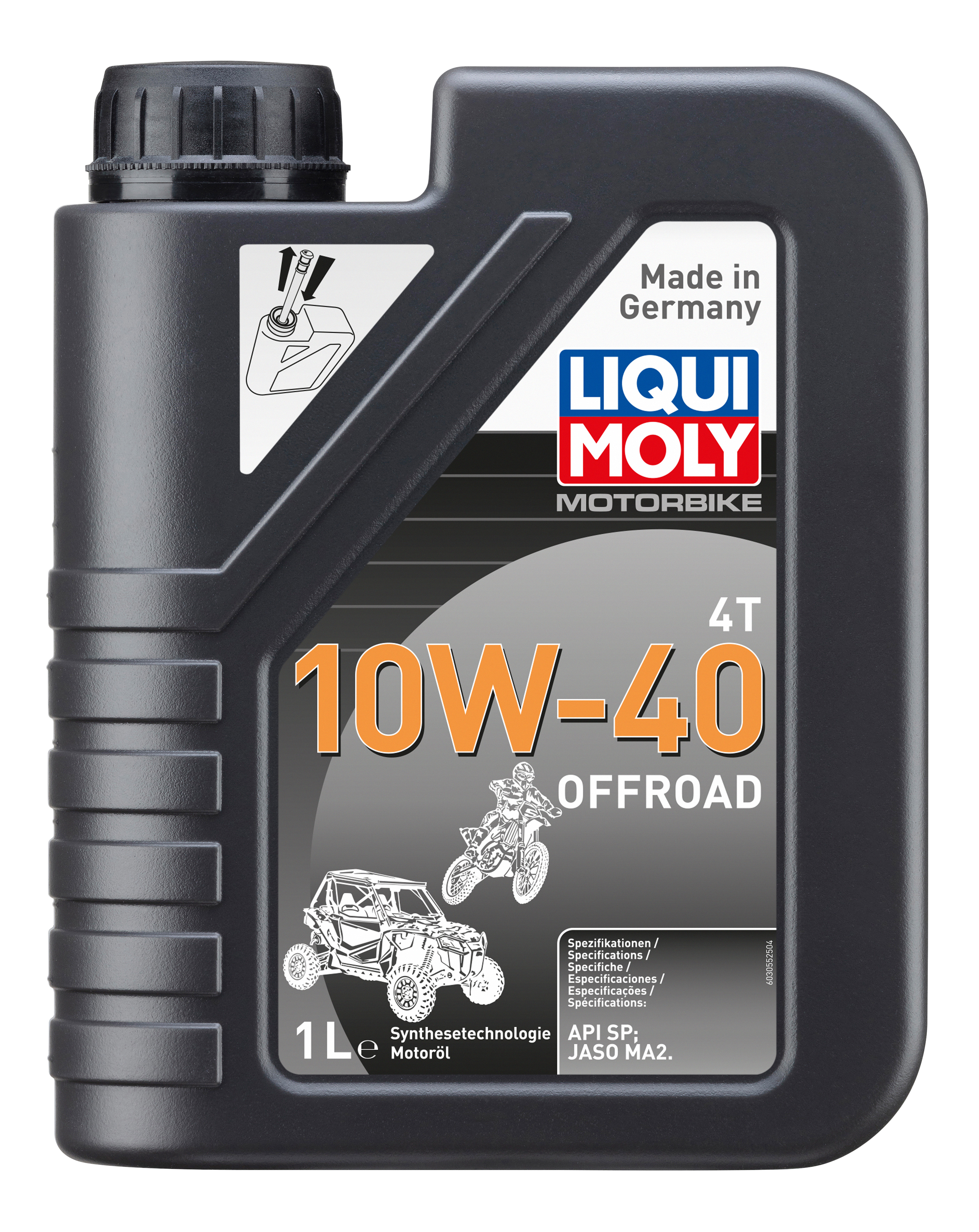 Liqui Moly Motorbike 4T 10W-40 offroad motorcycle engine oil bottle with label and black cap.
