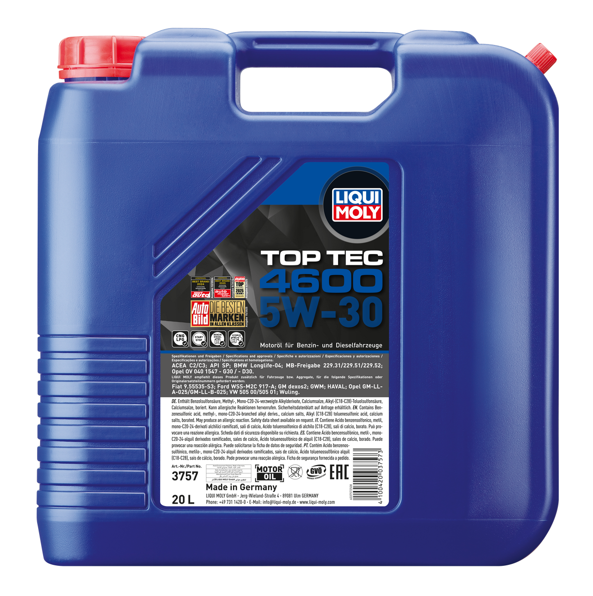 Liqui Moly Top Tec 4600 5W-30 engine oil container highlighting the product label and branding on the bottle