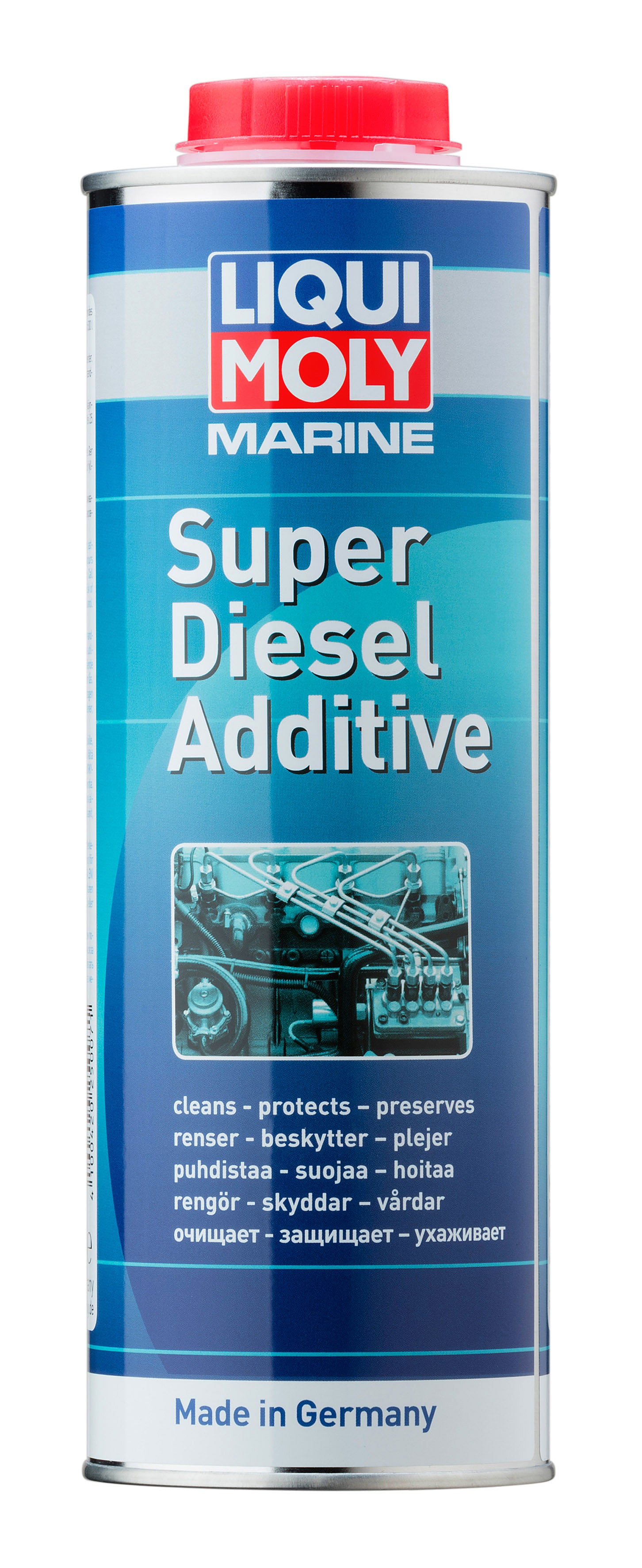 Liqui Moly Marine Super Diesel Additive bottle with label, marine fuel additive for diesel engines, blue and white packaging