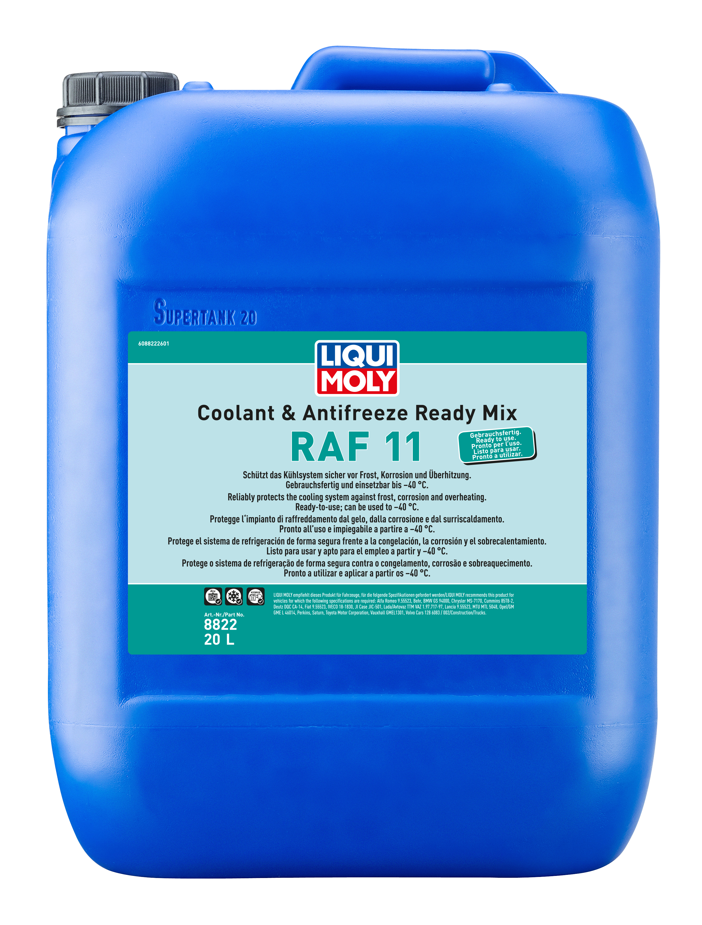 Liqui Moly Coolant Ready Mix RAF11 in a container, ready for automotive cooling system use.