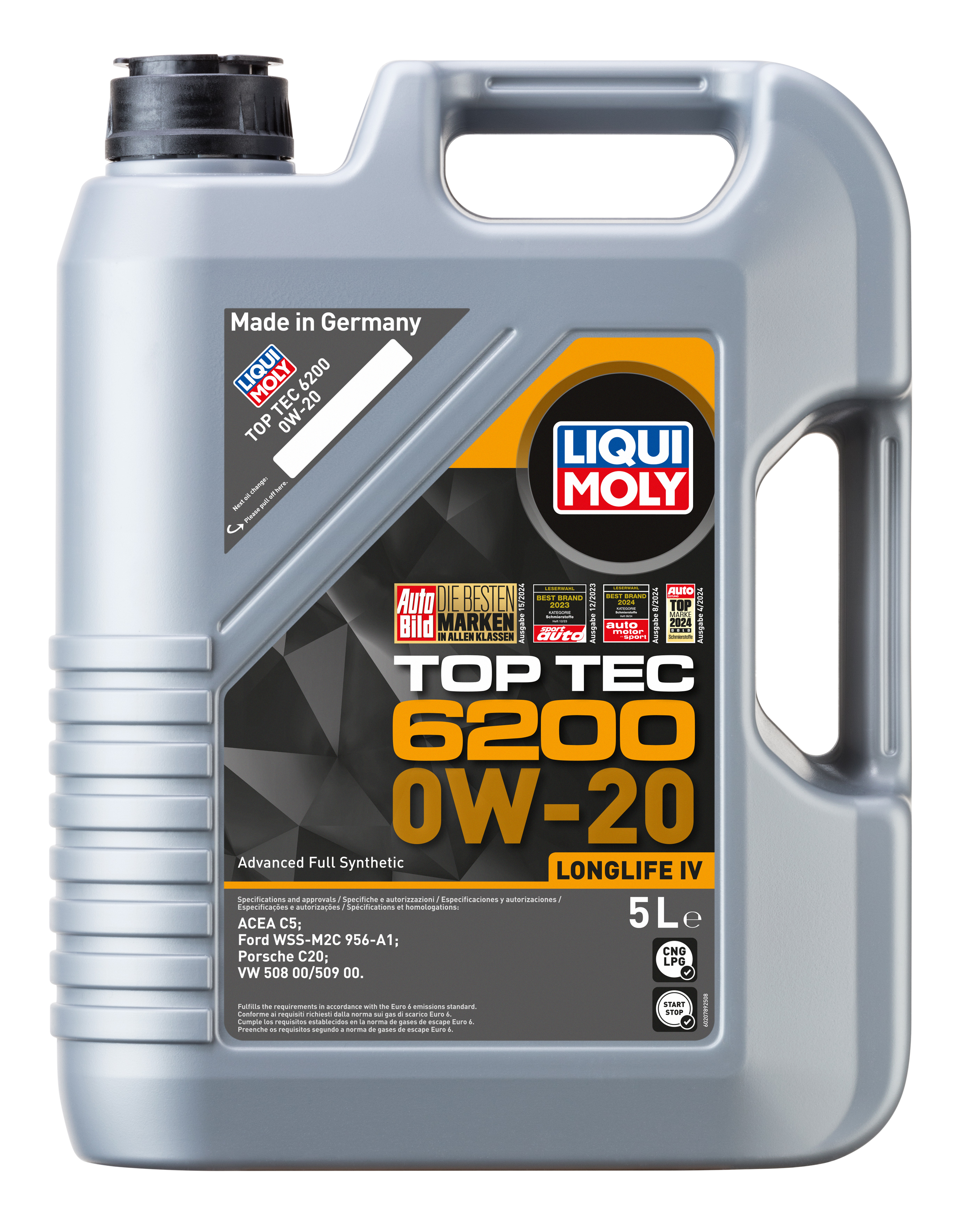 Liqui Moly Top Tec 6200 0W-20 engine oil container with label showing product details and brand logo.
