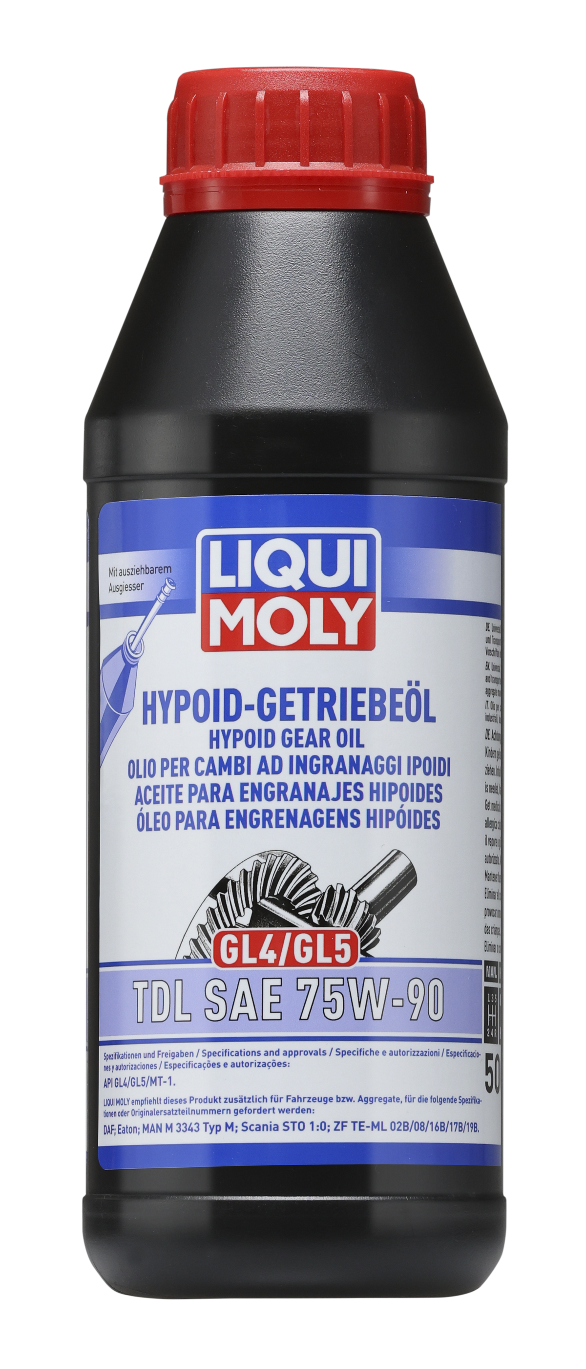 Liqui Moly Hypoid Gear Oil GL4/5 TDL SAE 75W-90 gearbox fluid in a container with a label showing product details