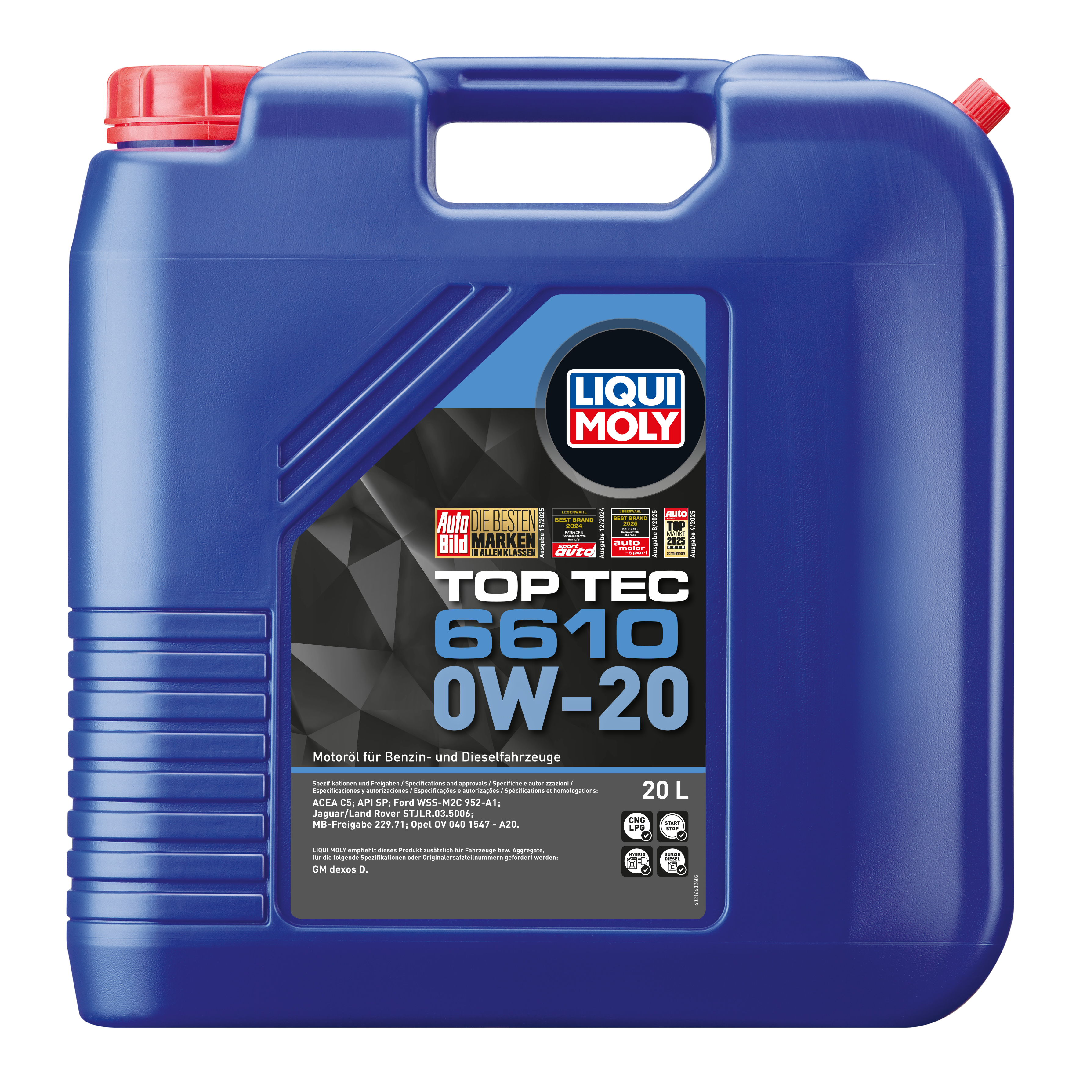 Liqui Moly Top Tec 6610 0W-20 engine oil bottle with label and branding for car engine lubrication.