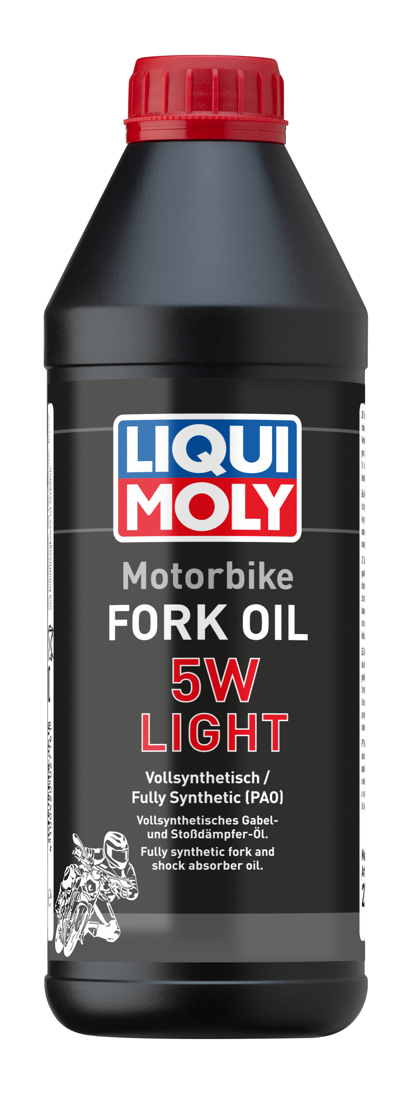 Liqui Moly Motorbike Fork Oil 5W Light in a bottle, designed for motorcycle suspension lubrication and maintenance.