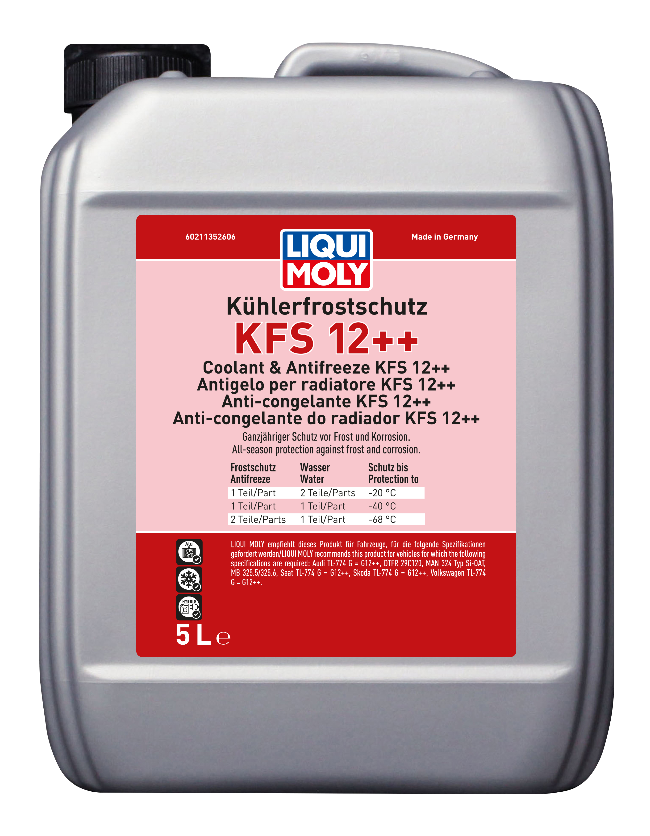 Liqui Moly Radiator Antifreeze KFS 12 Plus coolant bottle with label and cap, designed for vehicle cooling systems.