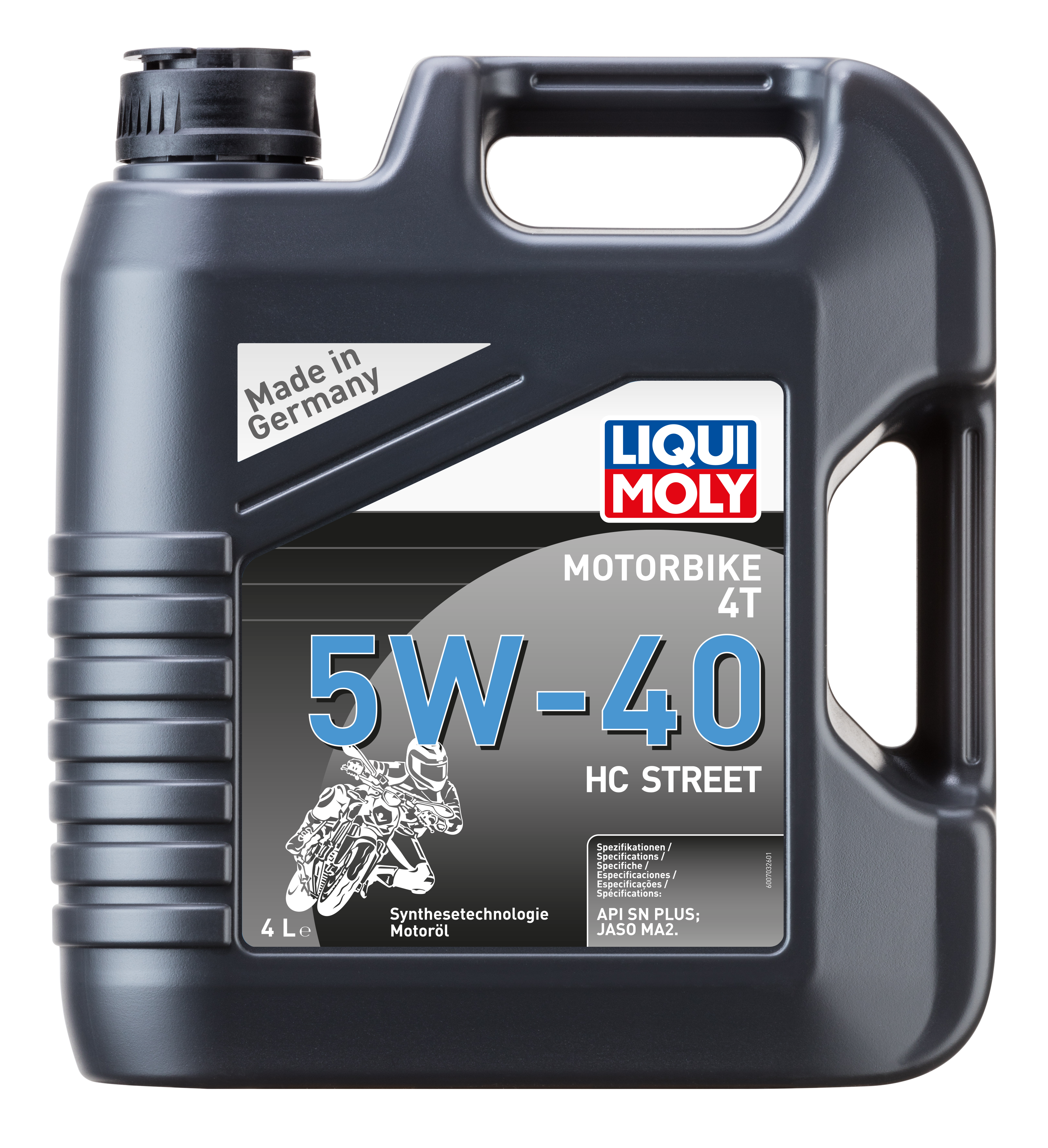 Liqui Moly Motorbike 4T 5W-40 HC Street motorcycle engine oil bottle with label and cap, front view.