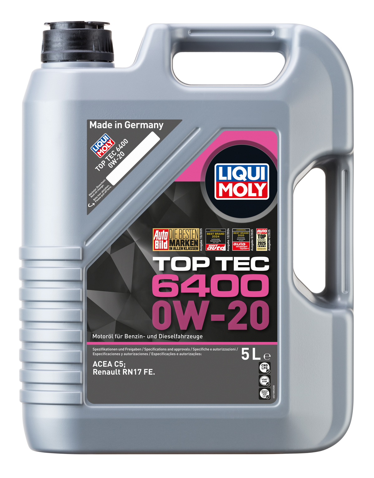 Liqui Moly Top Tec 6400 0W-20 engine oil bottle with label and cap, designed for vehicle engine lubrication.