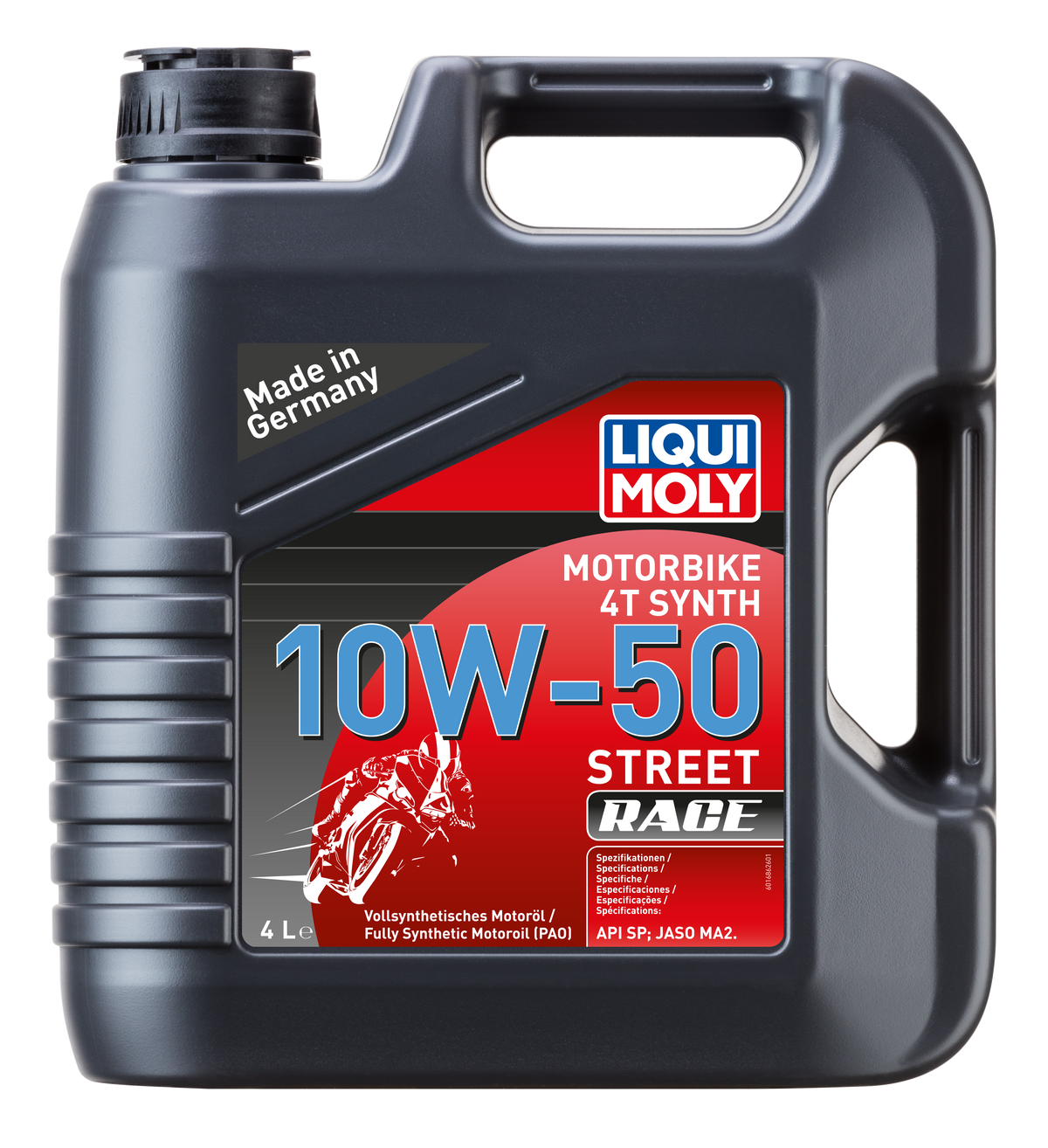 Liqui Moly Motorbike 4T Synth 10W-50 Street Race motorcycle engine oil bottle with label and cap, designed for 4-stroke bikes.