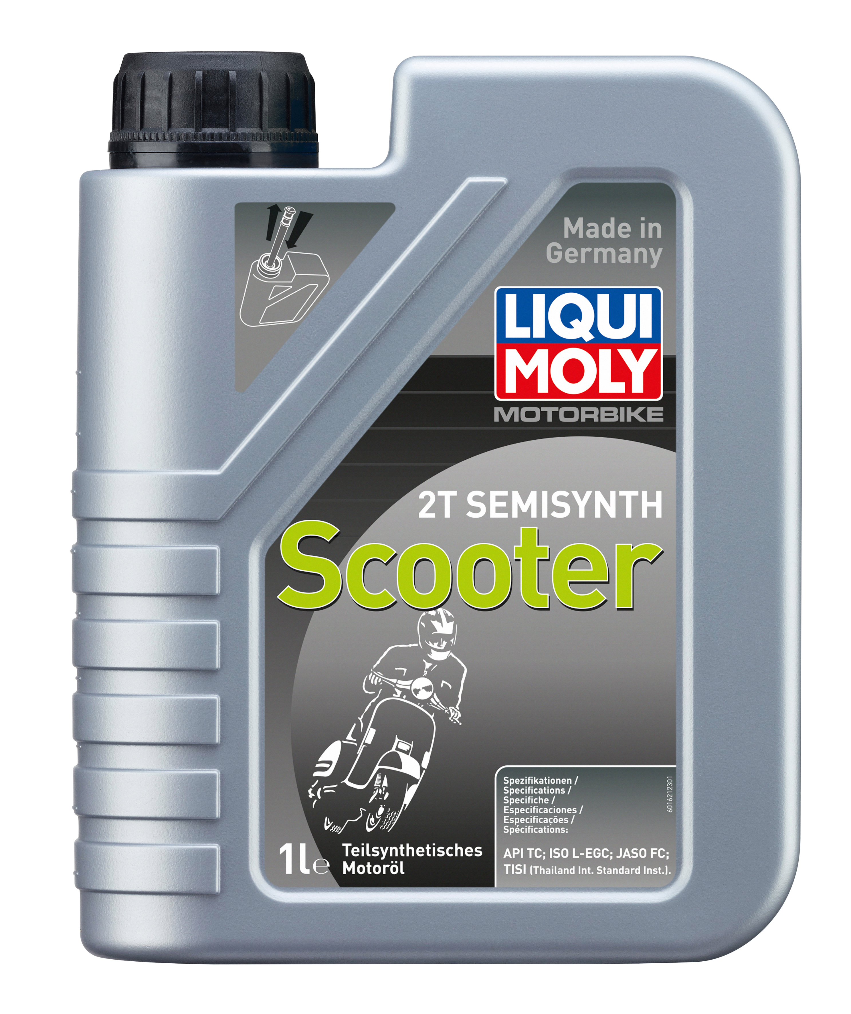 Liqui Moly Motorbike 2T Semisynth Scooter oil 1L bottle, designed for two-stroke motorcycle engines, with label and cap visible.