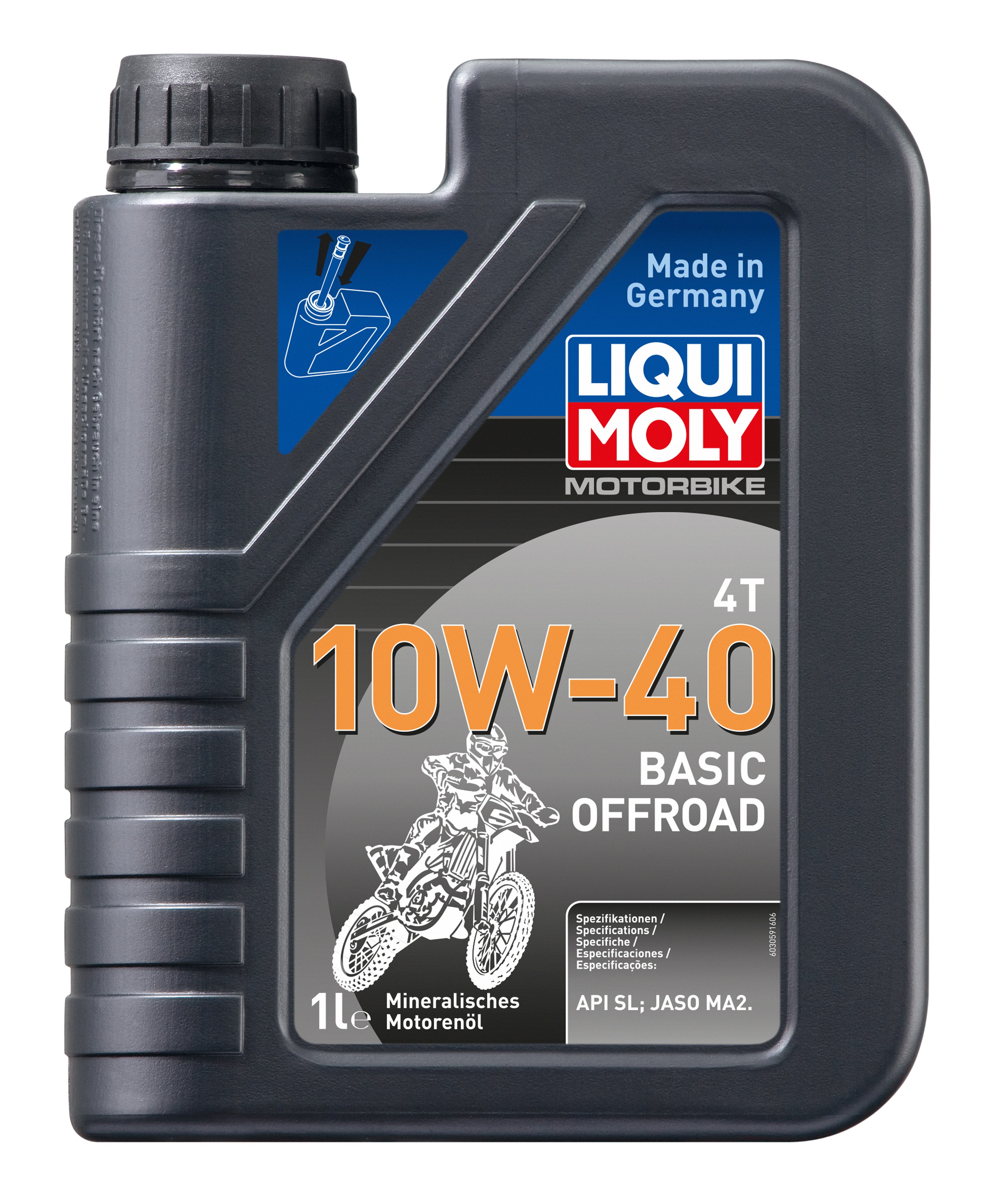 Liqui Moly Motorbike 4T 10W-40 Basic Offroad motorcycle engine oil container with label and branding.