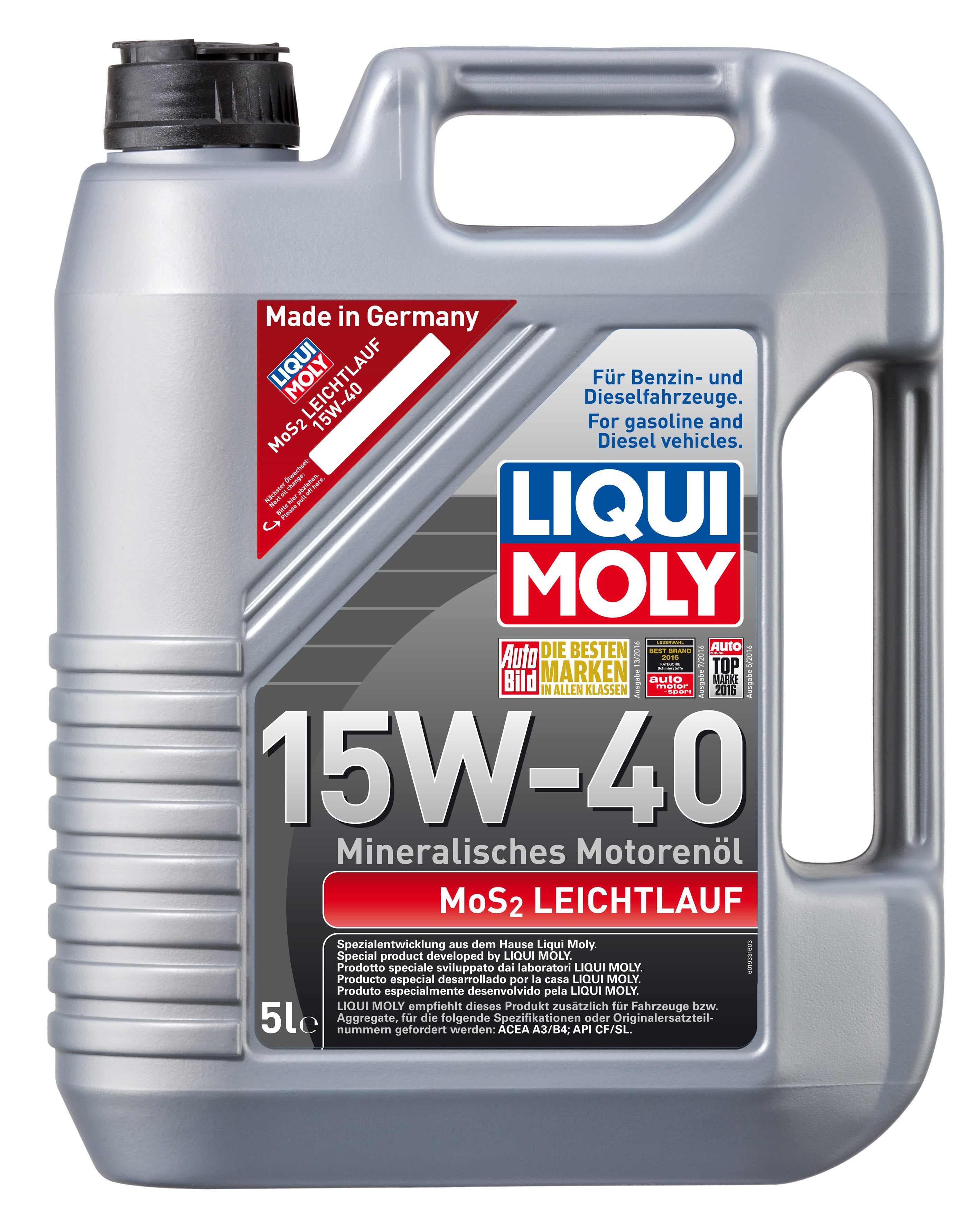 Liqui Moly MoS2 Low-Friction 15W-40 engine oil bottle, showcasing the product label and container design.