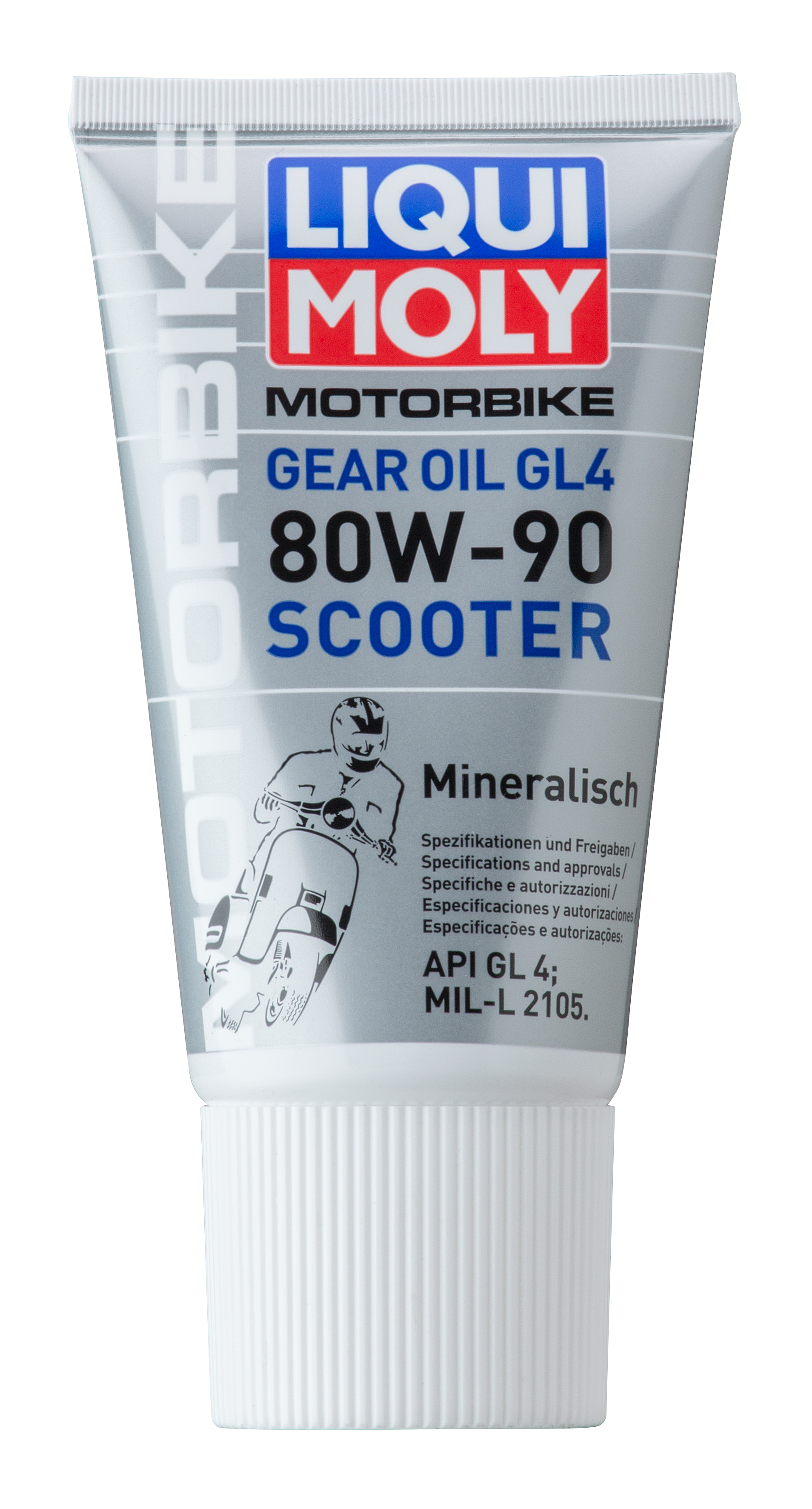 Liqui Moly Motorbike Gear Oil GL4 80W-90 for scooters, 150ml bottle, with a focus on gear oil container and labels.
