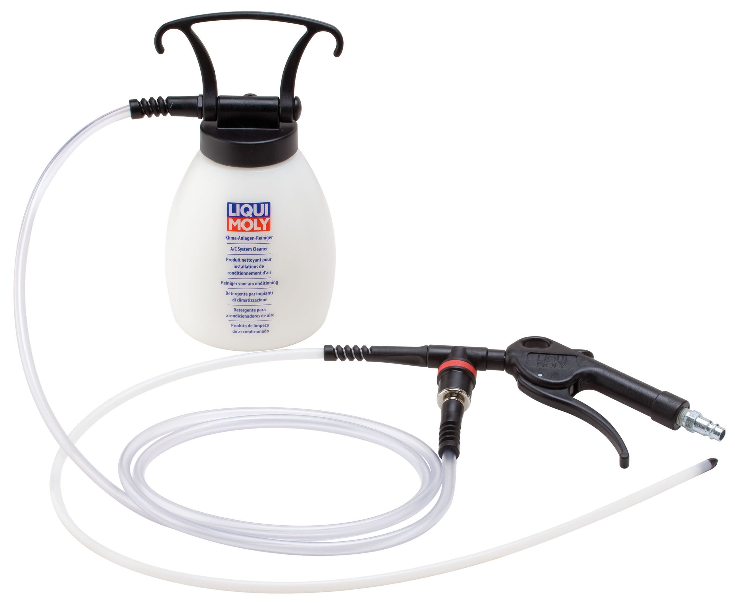 Liqui Moly air-conditioner system cleaner gun for workshop tools, shown with nozzle and cleaning attachment.