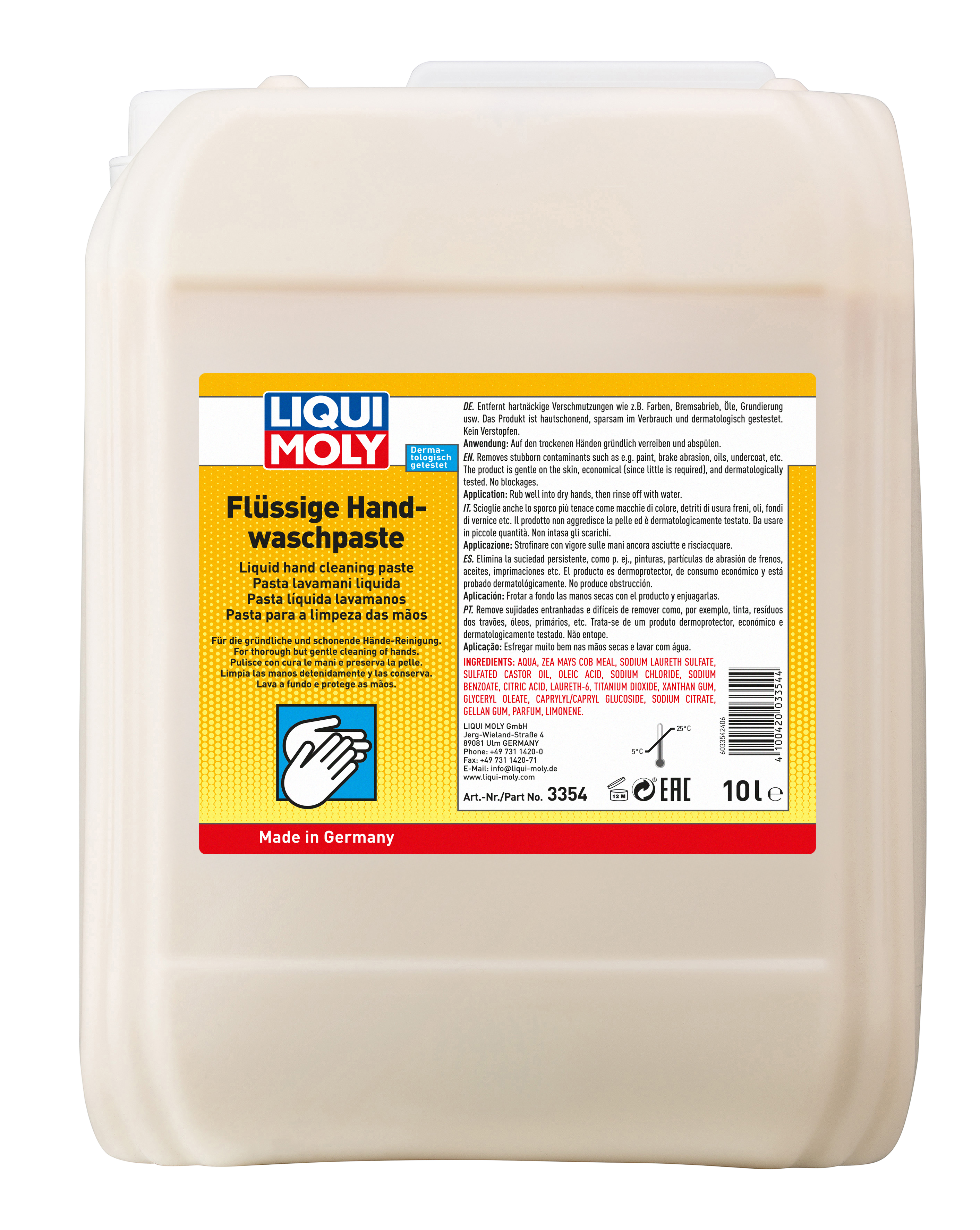 Liqui Moly Liquid Hand Cleaning Paste for grease and lubricant removal, shown in a tube with a textured cleaning surface.