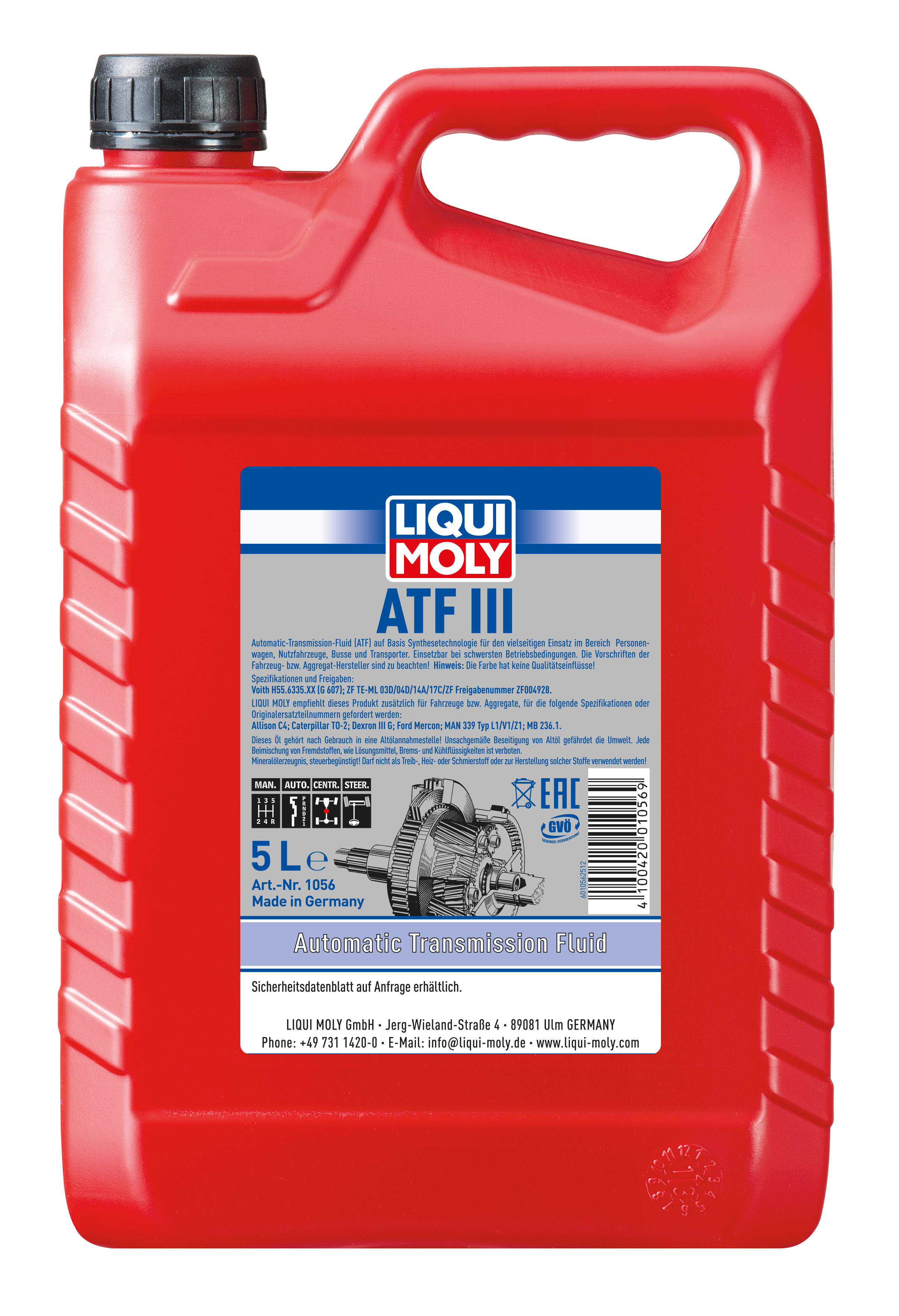 Liqui Moly ATF III gearbox fluid bottle with red cap, designed for automatic transmissions, on a plain background.