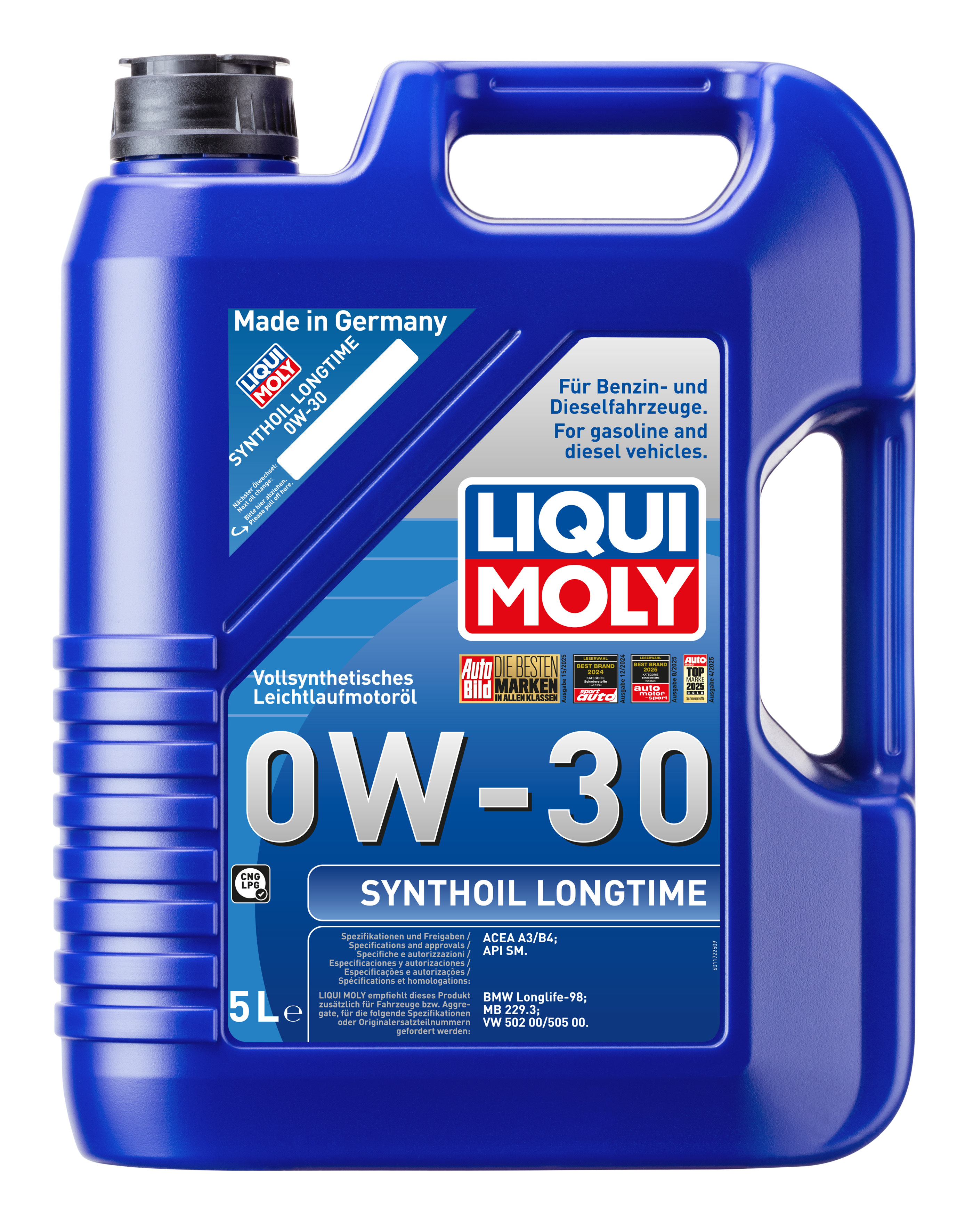 Liqui Moly Synthoil Longtime 0W-30 engine oil bottle with label, showcasing high-performance motor oil for vehicle engines