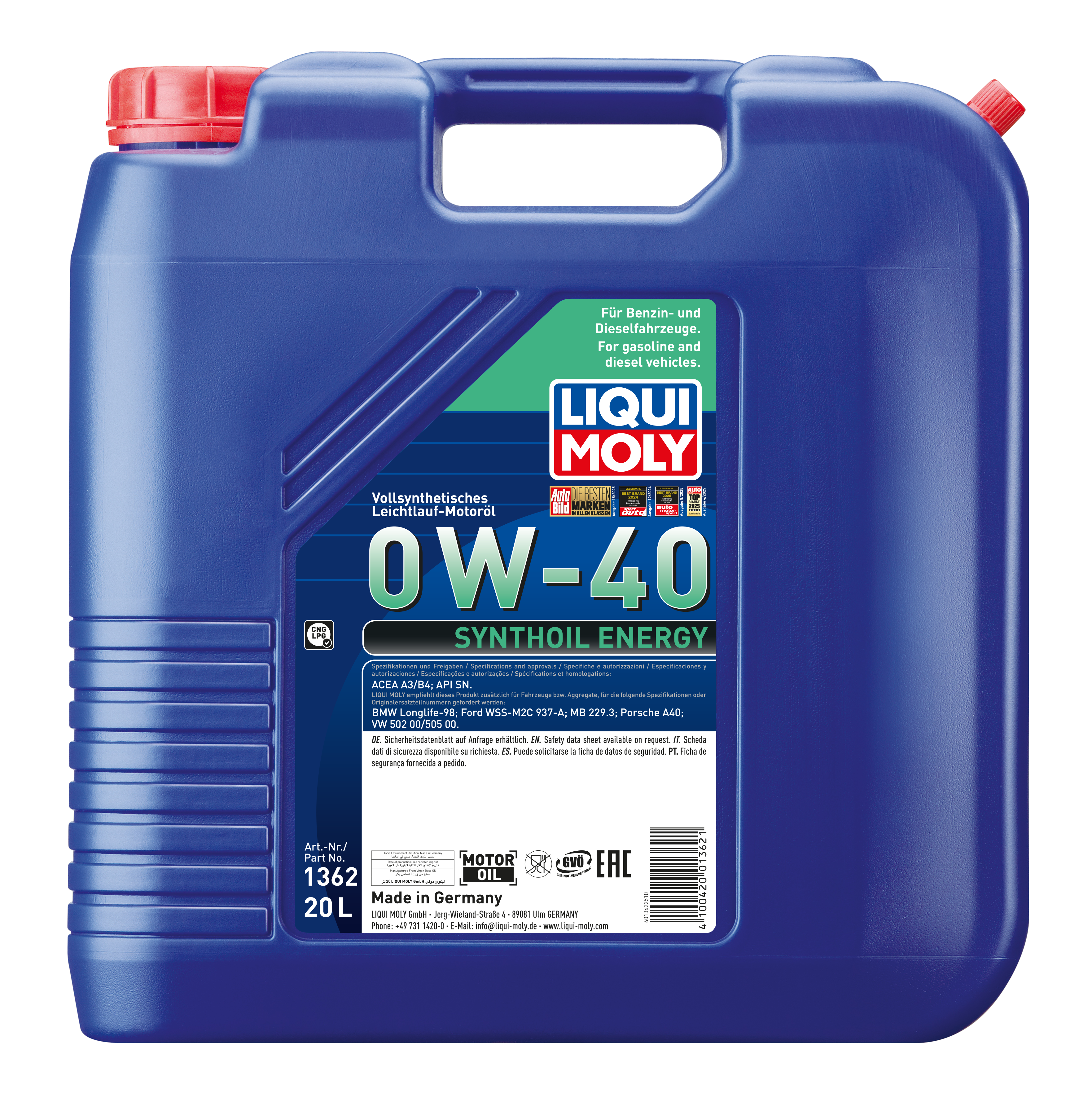 Liqui Moly Synthoil Energy 0W-40 engine oil container with label, designed for automotive engine lubrication.